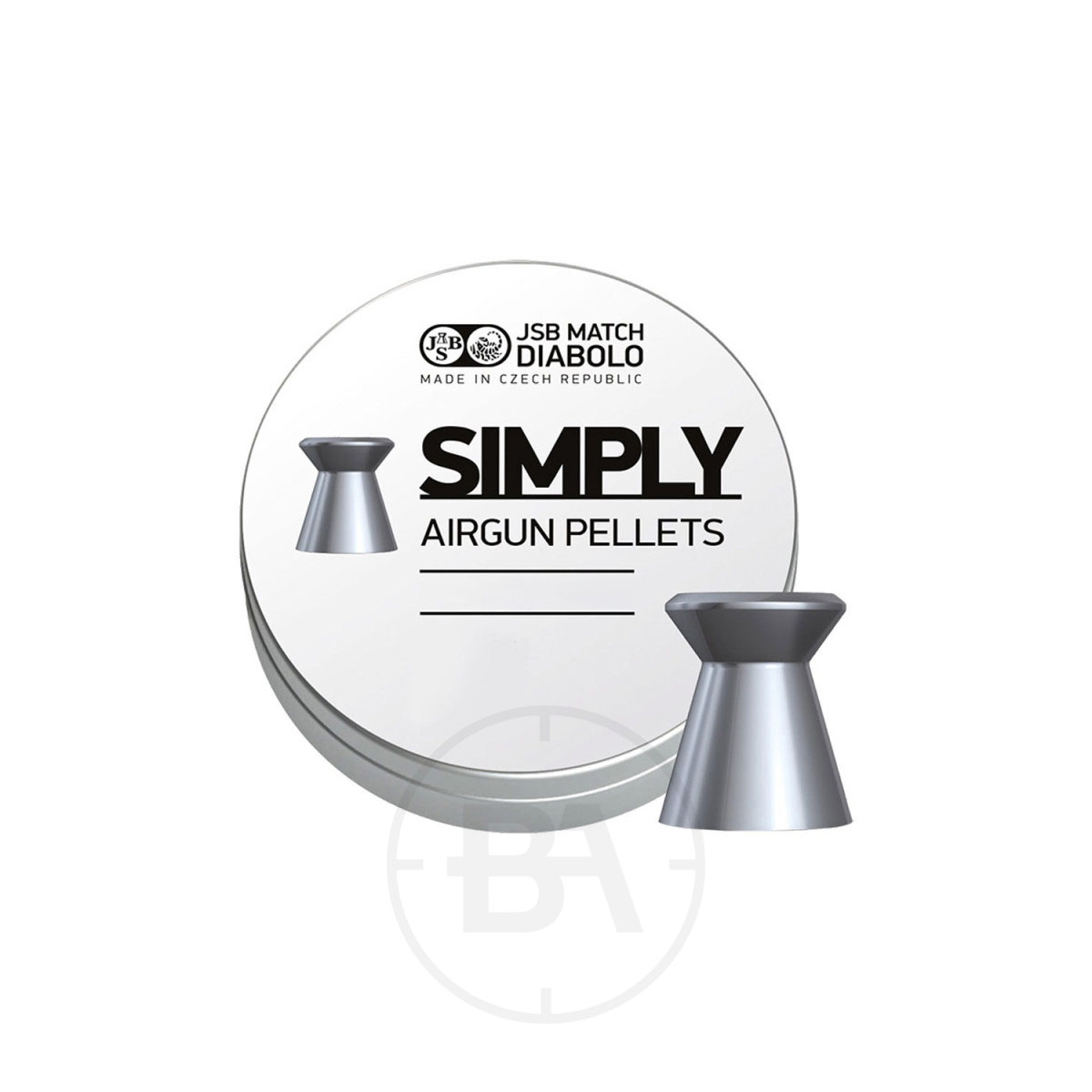 JSB Simply .177 Pellets 8.0gr 4.5mm (x500) 1 A round white tin labelled "JSB Simply .177 Pellets 8.0gr 4.5mm (x500)" features two silver airgun pellets—one displayed separately and one on the label—with black text on the packaging.