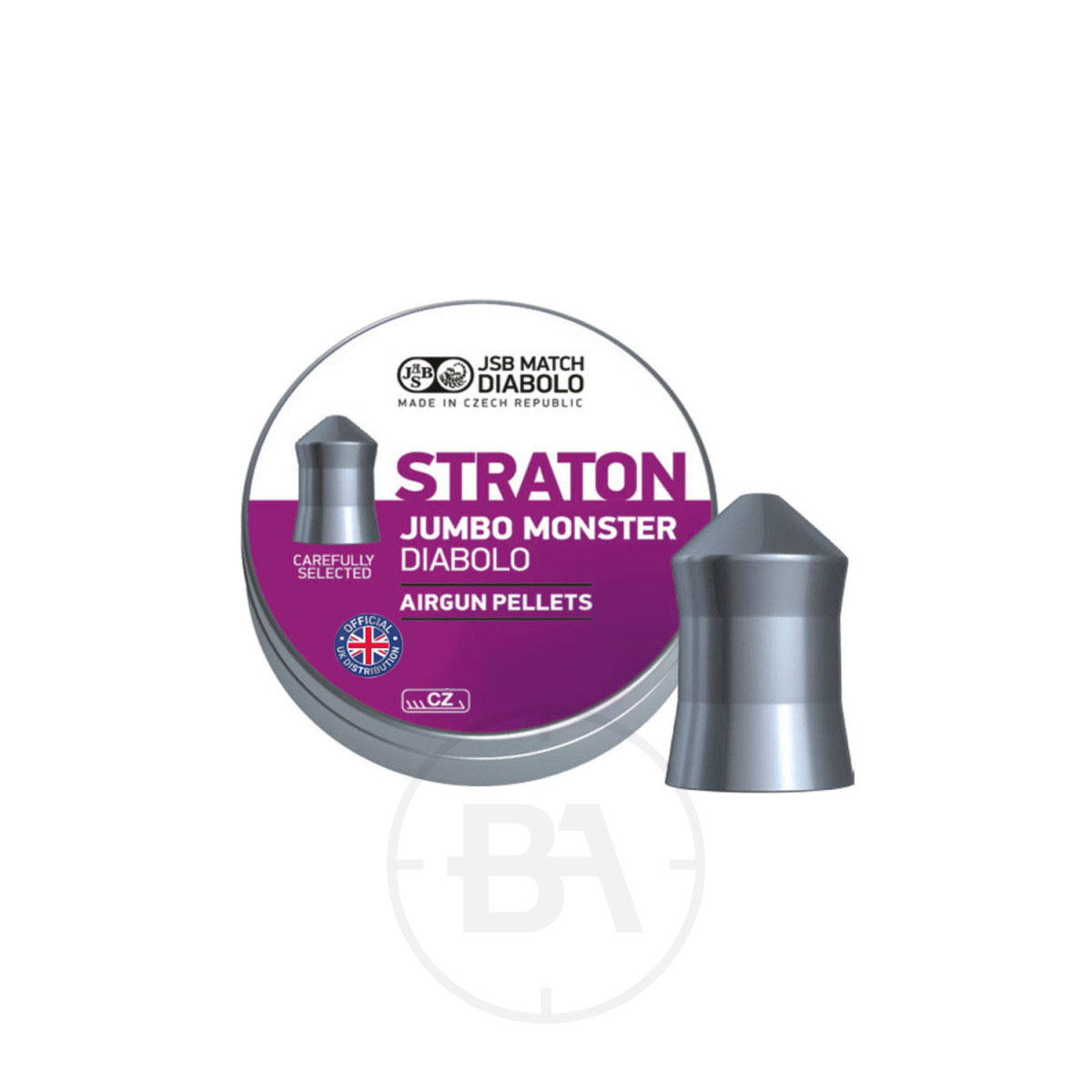 JSB Diavolo Straton Jumbo Monster .22 Pellets 25.3gr 5.50mm (x200) 1 A round white and purple tin labelled "JSB Diabolo Straton Jumbo Monster .22 Pellets 25.3gr 5.50mm (x200)" sits next to a grey pellet; the tin features a logo, British flag "Carefully Selected" badge, and contains 200 pellets.