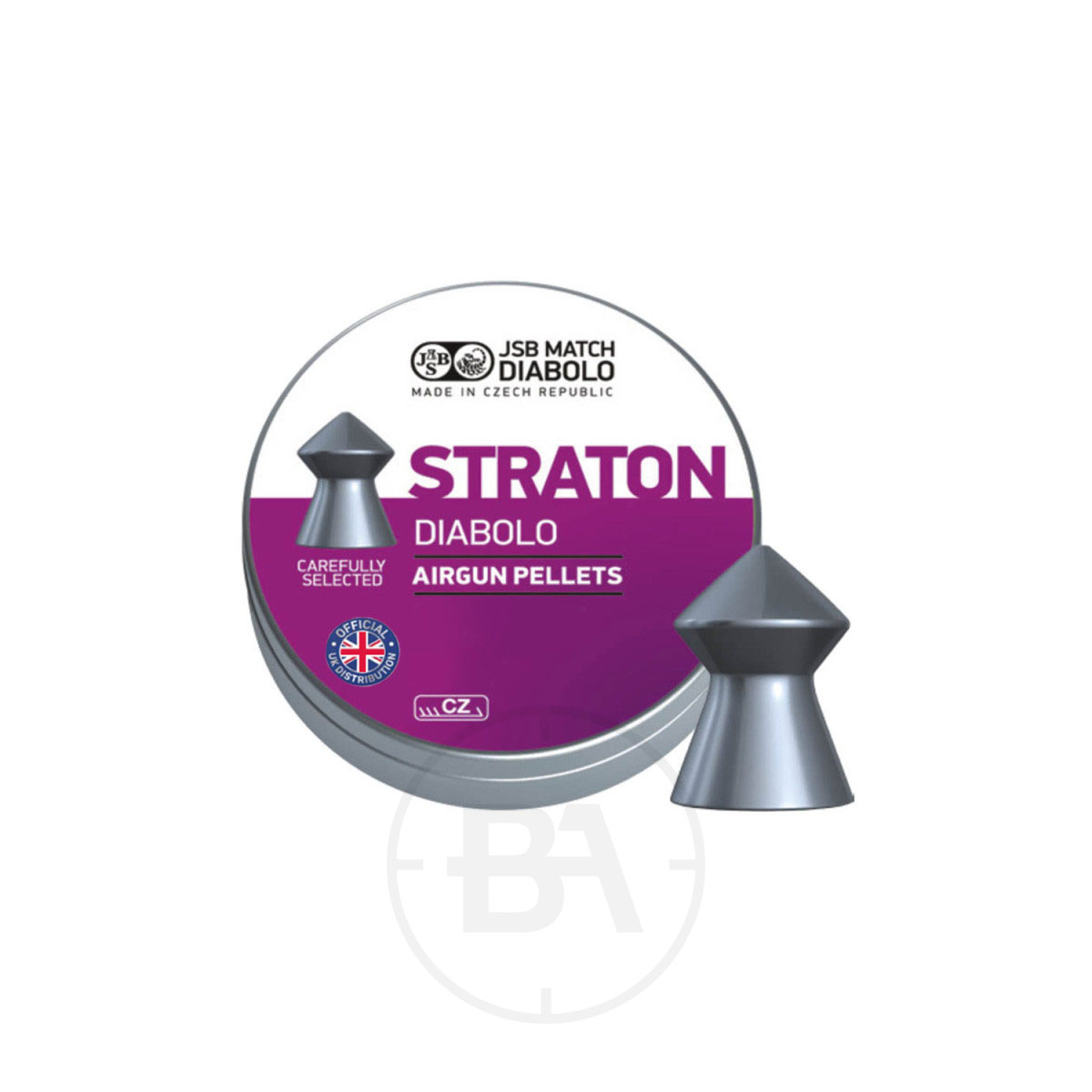 JSB Diabolo Straton .177 Pellets 8.2gr 4.50mm (x500) 1 A round metal tin labelled "JSB Diabolo Straton .177 Pellets 8.2gr 4.50mm (x500)" features a purple and white design, with a single pointed airgun pellet displayed beside and in front of the tin.