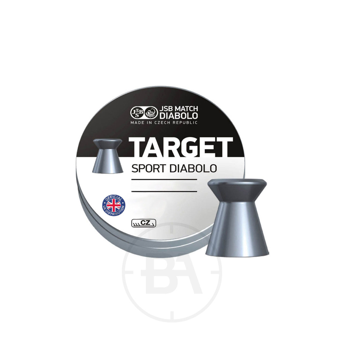 JSB Target Sport .177 Pellets 8.0gr 4.5mm (x500) 1 A tin of JSB Target Sport .177 Pellets 8.0gr 4.5mm (x500) shows a single pellet image on its label, with a larger pellet in front, and notes it's made in the Czech Republic.