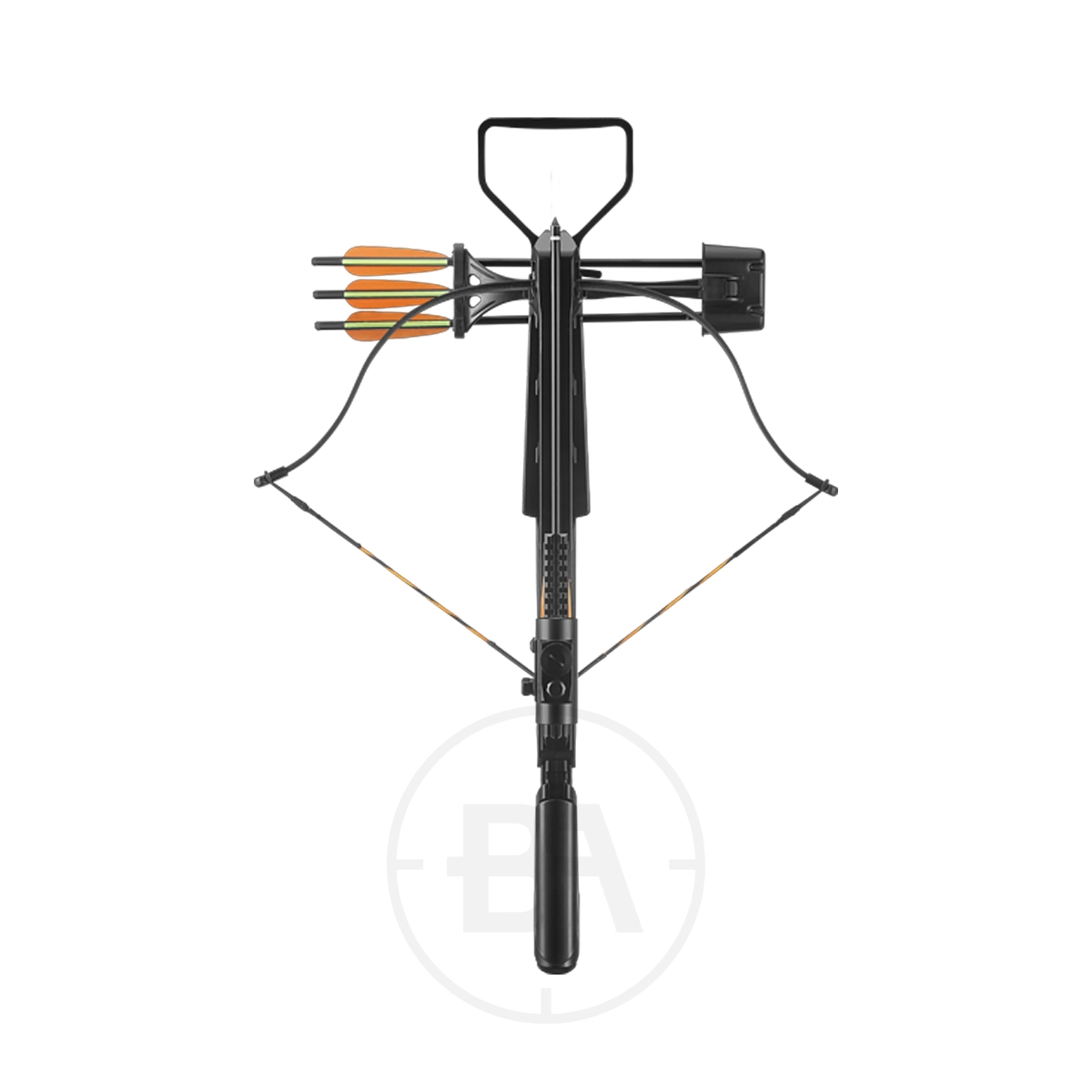 EK Archery Jag 2 Pro 175 lb Recurve Crossbow 3 The EK Archery Jag II Pro 175 lb recurve crossbow in black is shown from above on a white background, with three orange-fletched arrows mounted on top.