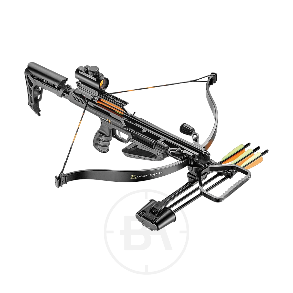 EK Archery Jag 2 Pro 175 lb Recurve Crossbow 1 The EK Archery Jag II Pro 175 lb Recurve Crossbow has a black tactical design, mounted sight, adjustable stock, and a front quiver that holds three arrows.