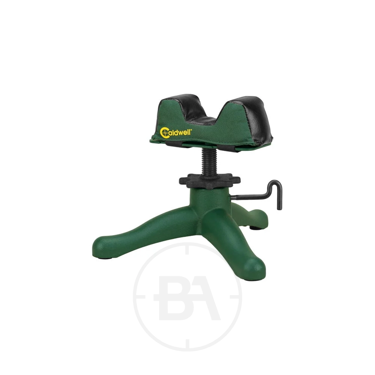 Caldwell Rock JR Shooting Rest 1 The Caldwell Rock JR Shooting Rest is green with a black cradle, adjustable height, and a sturdy three-legged base designed to stabilize firearms.