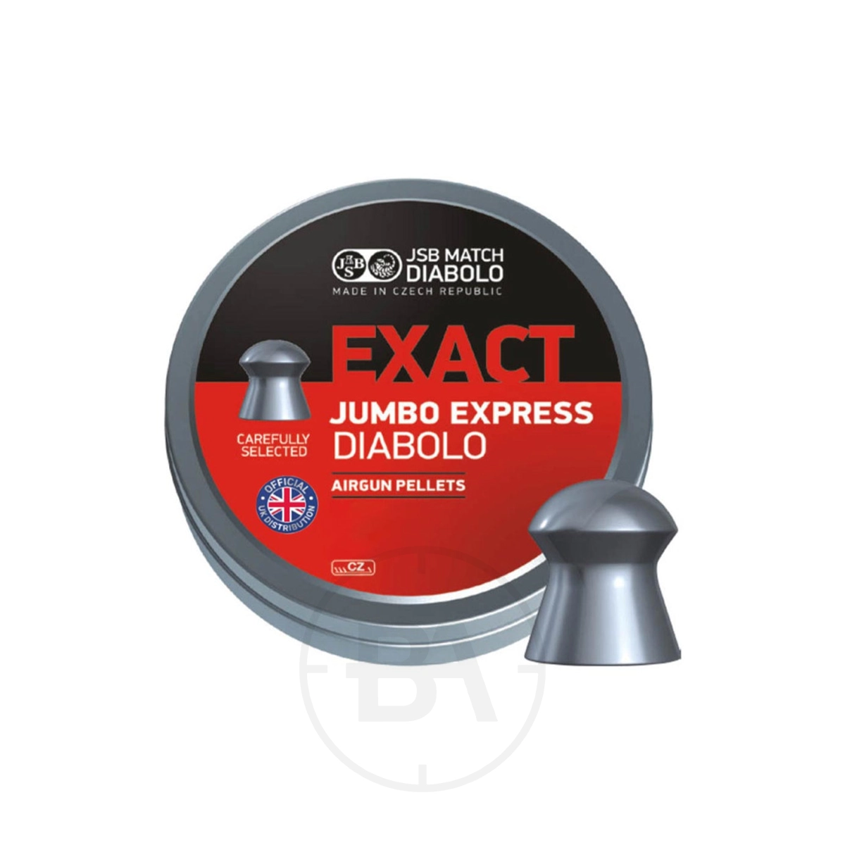 JSB Exact Jumbo Express .22 Pellets 14.3gr 5.52mm (x500) 1 A tin of JSB Exact Jumbo Express .22 Pellets 14.3gr 5.52mm (x250) with a silver pellet next to it; the red, grey, and black label displays product information and logos.