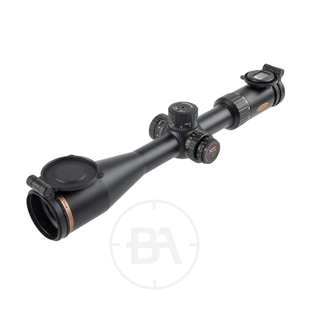 MTC Optics King Cobra F1 6-24x50 Scope 1 The MTC Optics King Cobra F1 6-24x50 Scope in black features adjustment dials and lens covers, shown on a white background.
