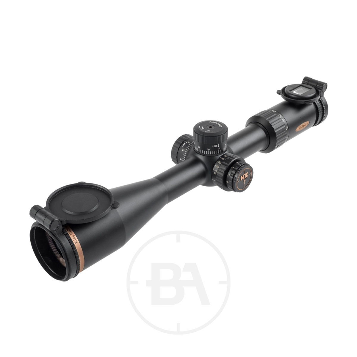 MTC Optics King Cobra F2 6-24x50 Scope 1 A black MTC Optics King Cobra F2 6-24x50 Scope with adjustment dials and flip-up lens covers is shown on a white background.