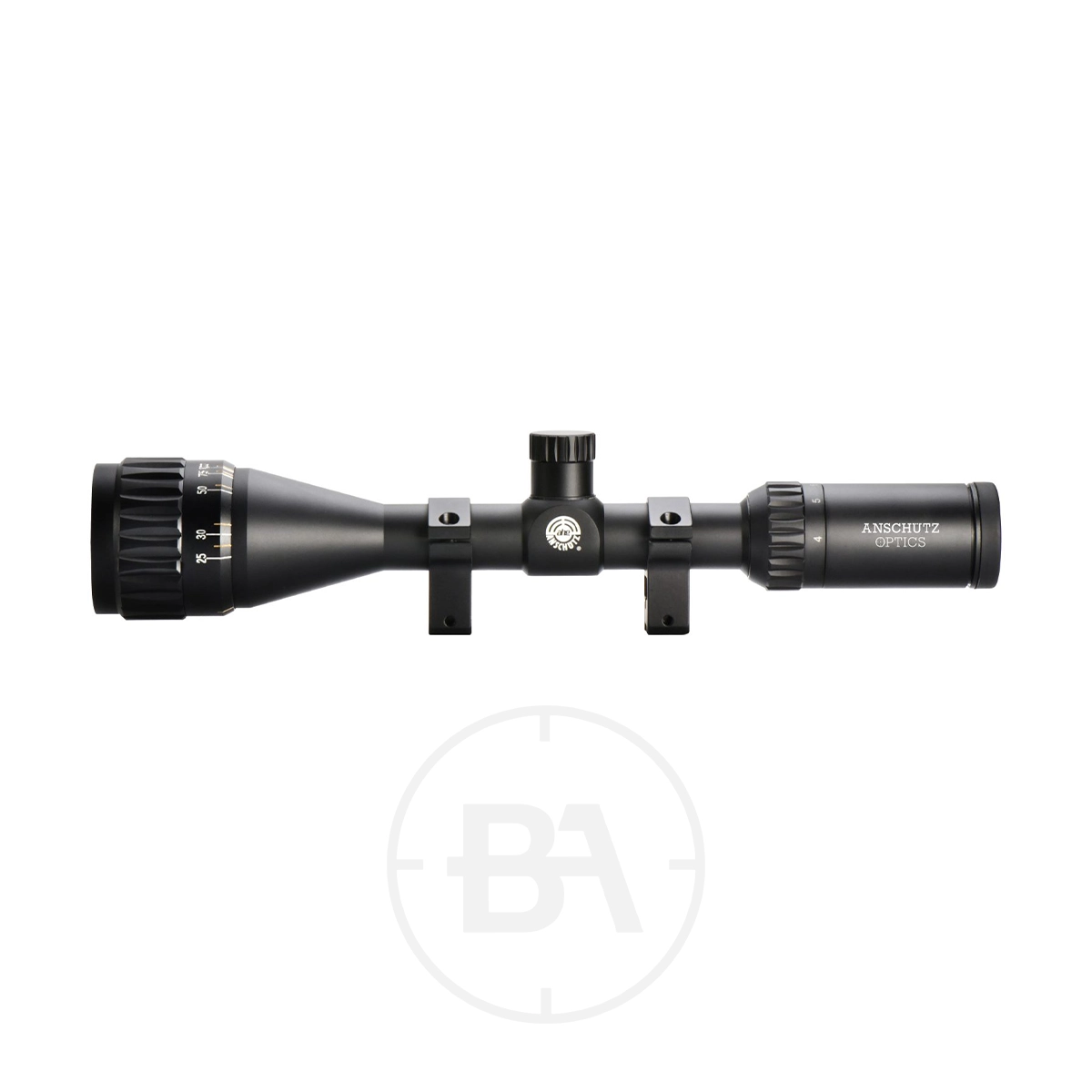 Anschütz Optics KK50 4-12x40 AO SFP Rifle Scope With Dovetail Mounts 1 A black Anschütz Optics KK50 4-12x40 AO SFP rifle scope with adjustment knobs and dovetail mounts, labelled "ANSCHUTZ OPTICS," is displayed on a white background with a faint circular logo beneath it.
