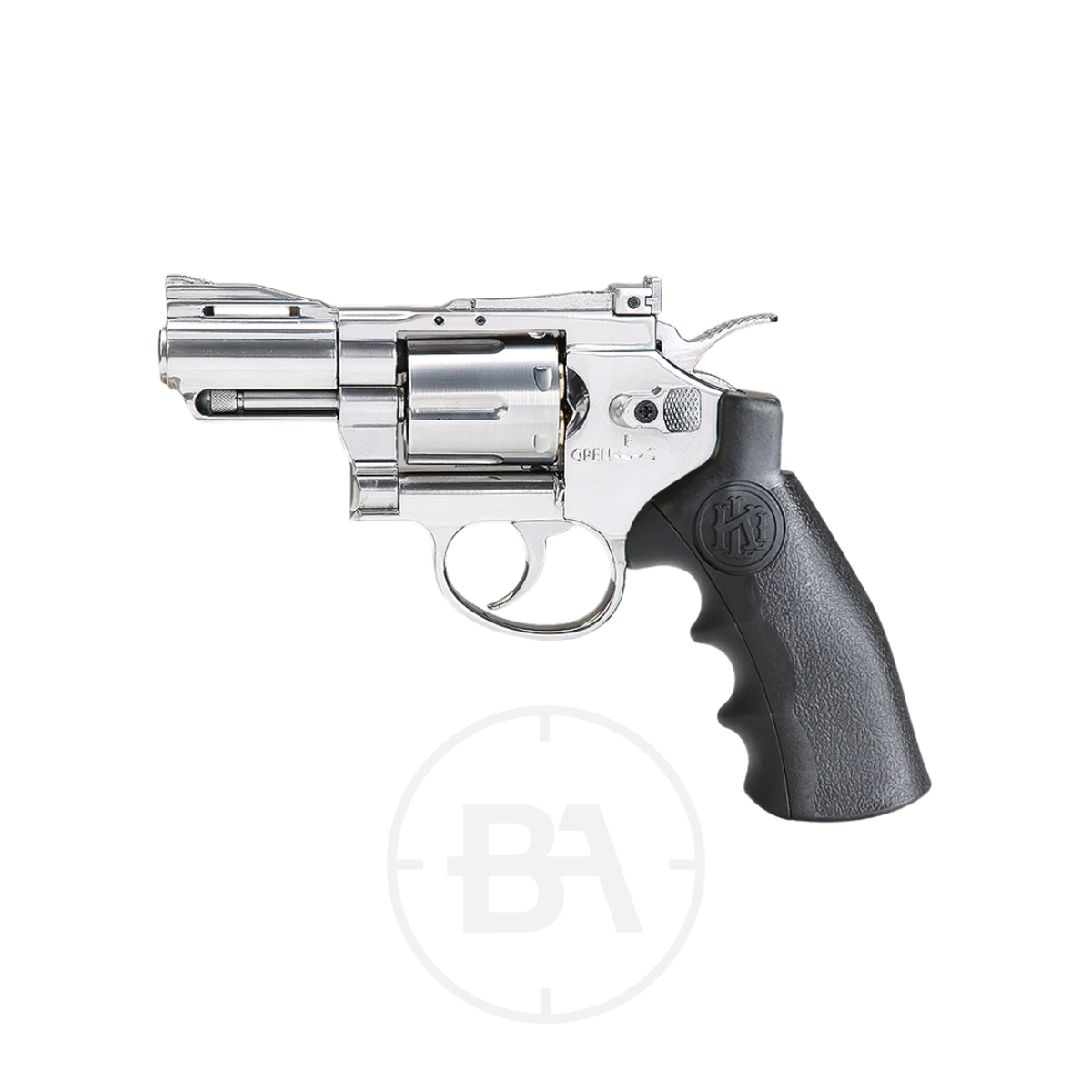 Krown Land Herc 2.5" CO2 BB Revolver With Hard Case 1 The Krown Land KL Herc 2.5" CO2 BB Revolver features a silver finish, short barrel, and black textured grip, displayed on a white background.