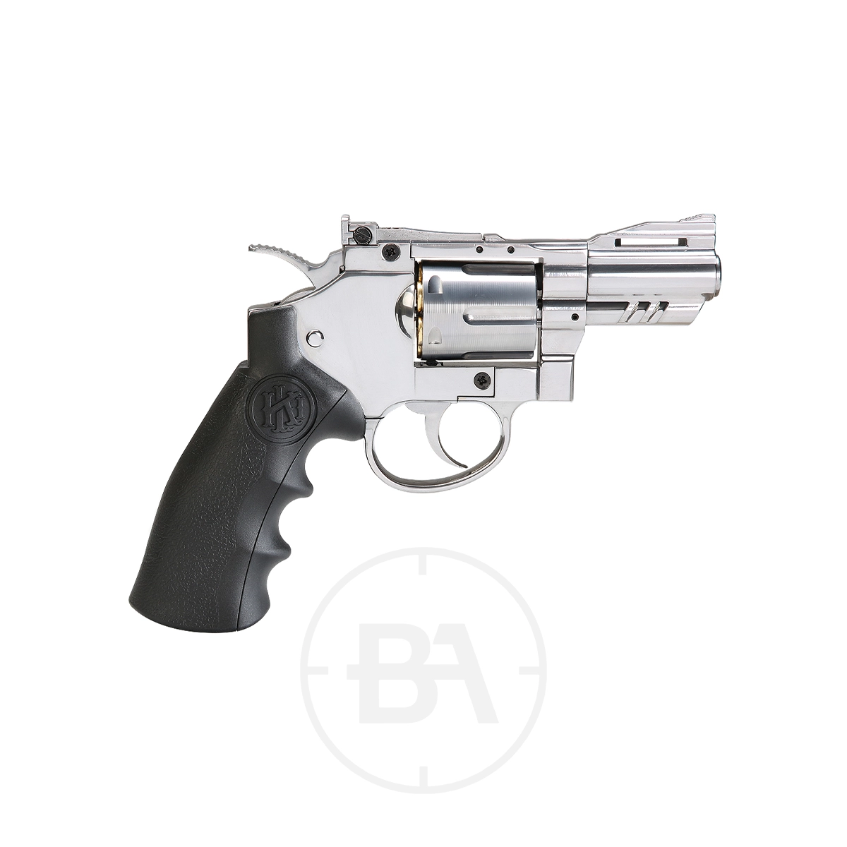 Krown Land Herc 2.5" CO2 BB Revolver With Hard Case 3 The Krown Land KL Herc 2.5" CO2 BB Revolver, featuring a sleek silver finish and black textured grip, is displayed on a white background facing left to highlight its stylish side profile and metallic detail.