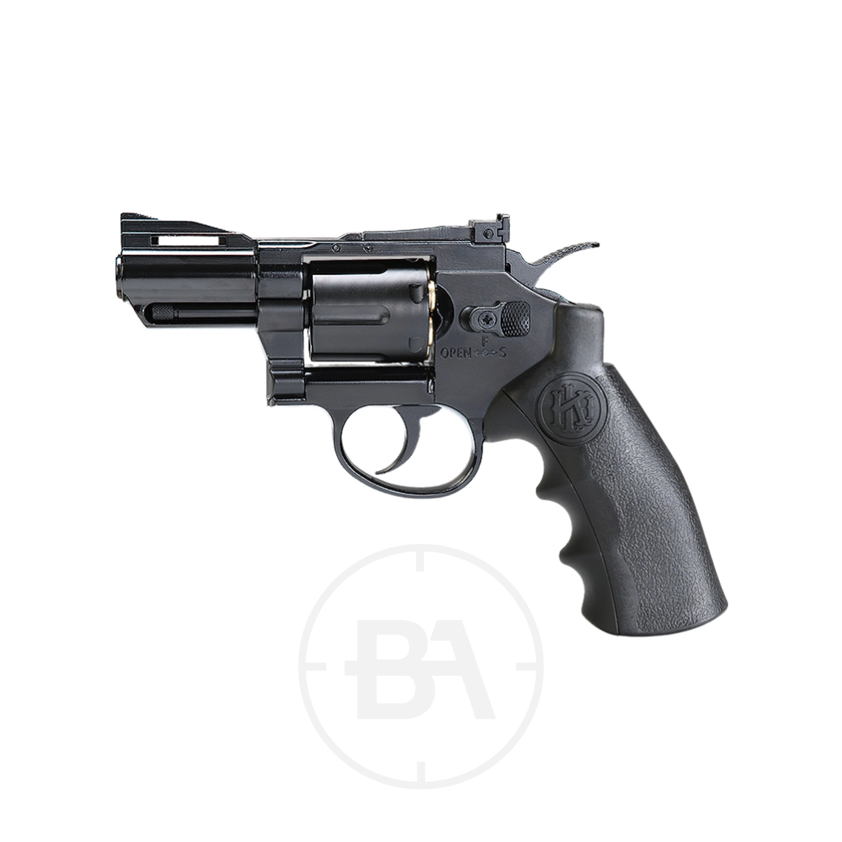 Krown Land Herc 2.5" CO2 BB Revolver With Hard Case 4 A black Krown Land CO2 BB Revolver with a 2.5" barrel and textured grip is shown in profile against a white background. The cylinder and trigger are visible, highlighting the gun's compact, robust design.