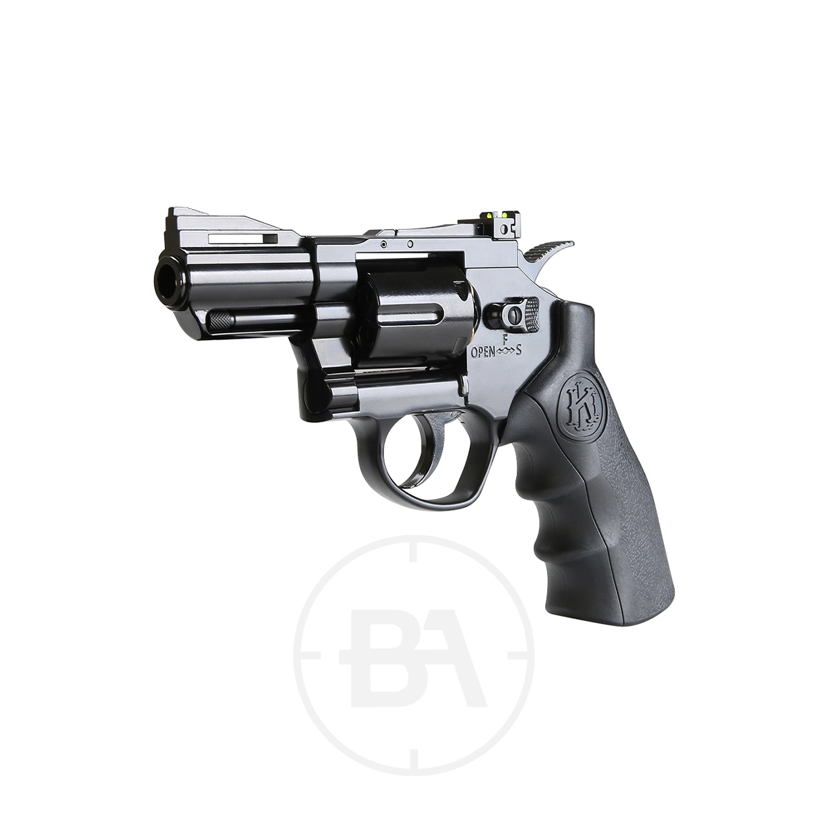 Krown Land Herc 2.5" CO2 BB Revolver With Hard Case 6 A black Krown Land CO2 BB revolver with a short barrel, textured grip, and visible hammer is displayed on a white background.