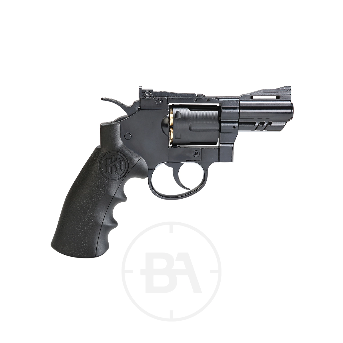 Krown Land Herc 2.5" CO2 BB Revolver With Hard Case 5 A black Krown Land 2.5 inch CO2 BB Revolver with a short barrel and textured grip, shown in a left side profile view against a white background.