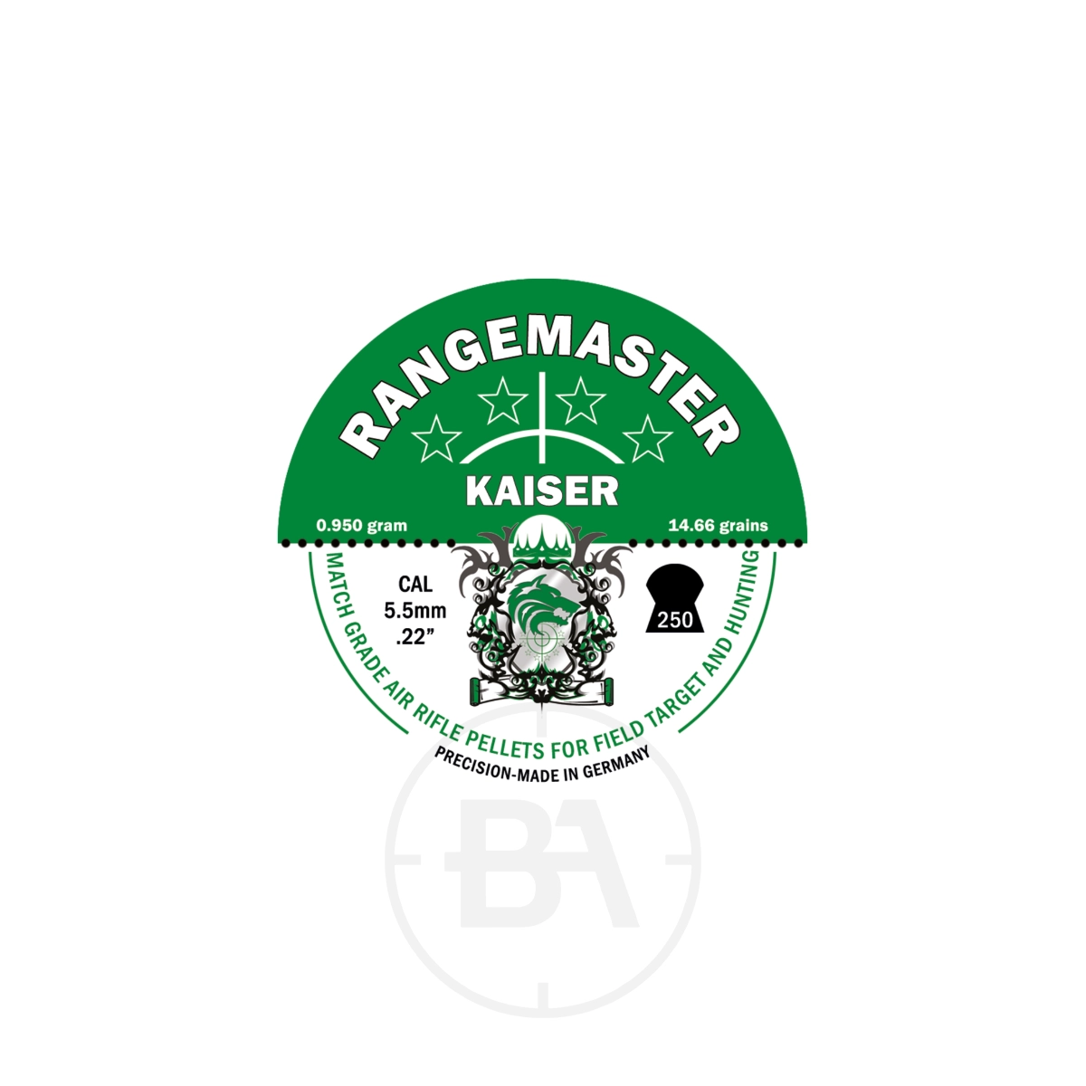 Rangemaster Kaiser .22, 14.66gr 5.53 (250) 1 Green and white label for Rangemaster Kaiser 5.5mm (.22) air rifle pellets, 0.950g, 14.66gr, 250 count, made in Germany—see also Rangemaster Sovereign Hunter .177, 10.33 gr, 4.50mm, pack of 500.