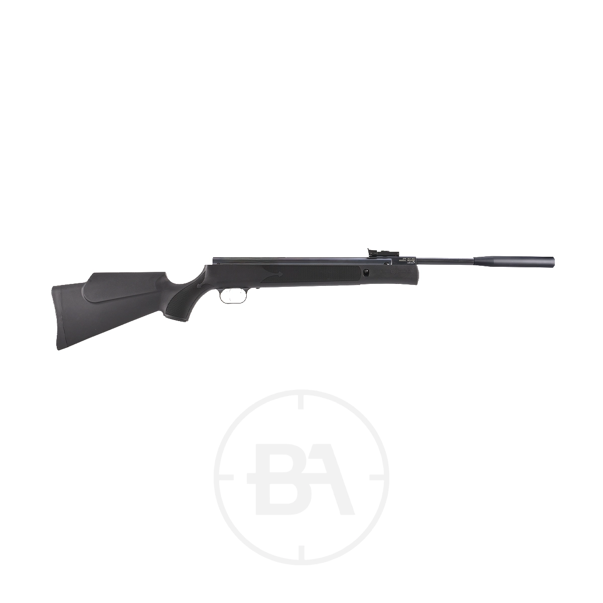 Precihole NX200 Athena Karbin Gas Ram Air Rifle 1 The Precihole NX200 Athena Karbin Gas Ram Air Rifle features a black synthetic stock, scope rail, and barrel suppressor, and is shown against a white background.