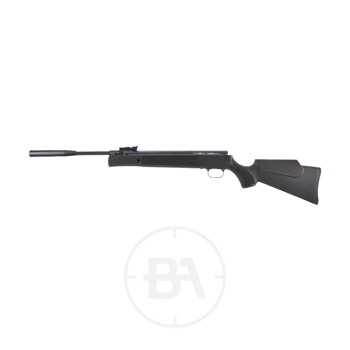 Precihole NX200 Athena Karbin Gas Ram Air Rifle 3 A black Precihole NX200 Athena Karbin Gas Ram Air Rifle with a synthetic stock is shown in side profile against a white background.