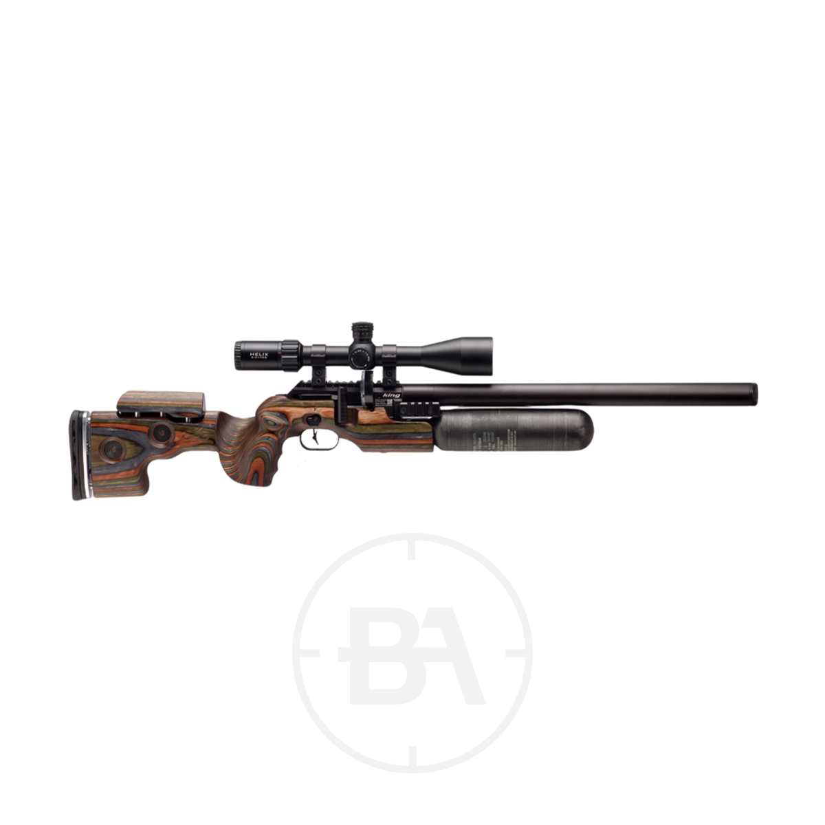 FX Airguns King PCP Air Rifle 3 Side view of an FX Airguns King PCP Air Rifle featuring a wooden stock, mounted scope, and attached air cylinder, displayed on a plain white background.
