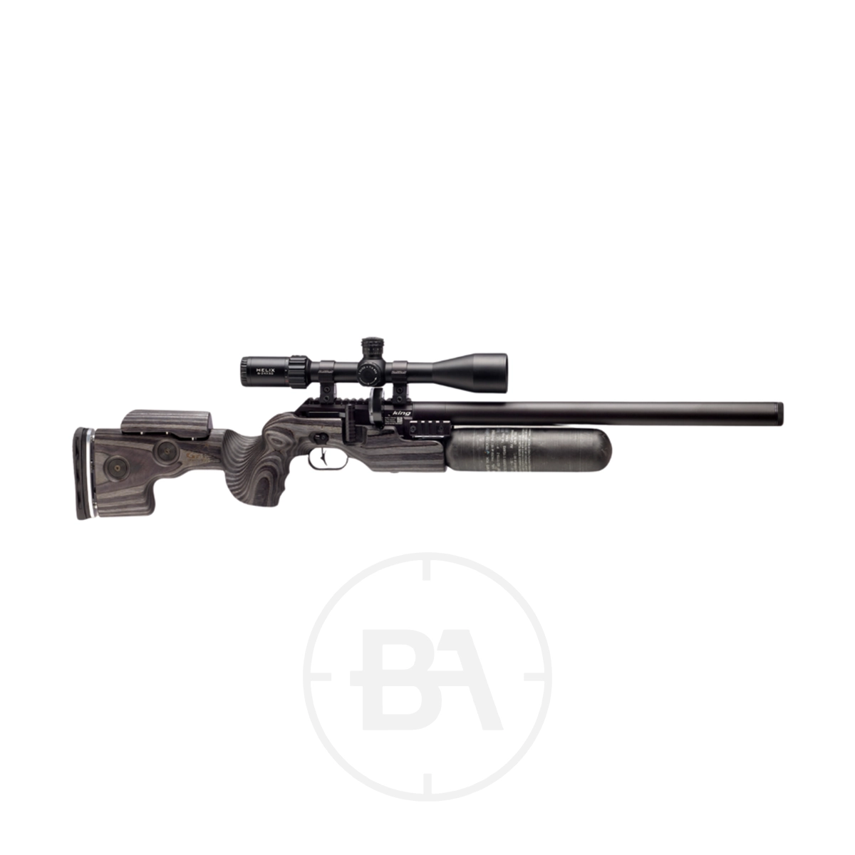 FX Airguns King PCP Air Rifle 5 Side view of a black FX Airguns King PCP Air Rifle with a mounted scope and cylindrical air tank below the barrel, isolated on a white background.