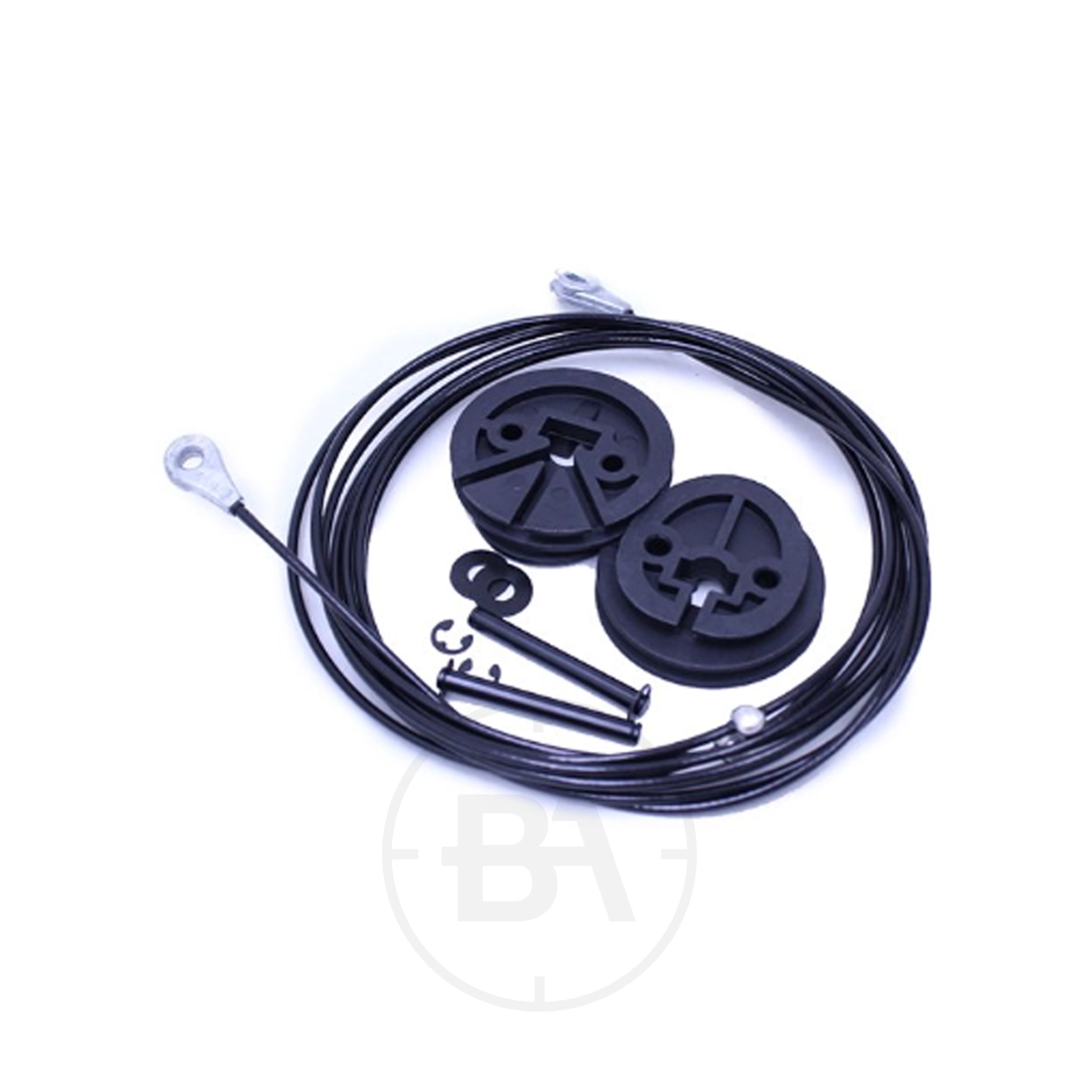 EK Archery Kirupira Cable & Wheels Set 1 A set of black cables, two round black plastic components, and several small metal parts arranged on a white background.