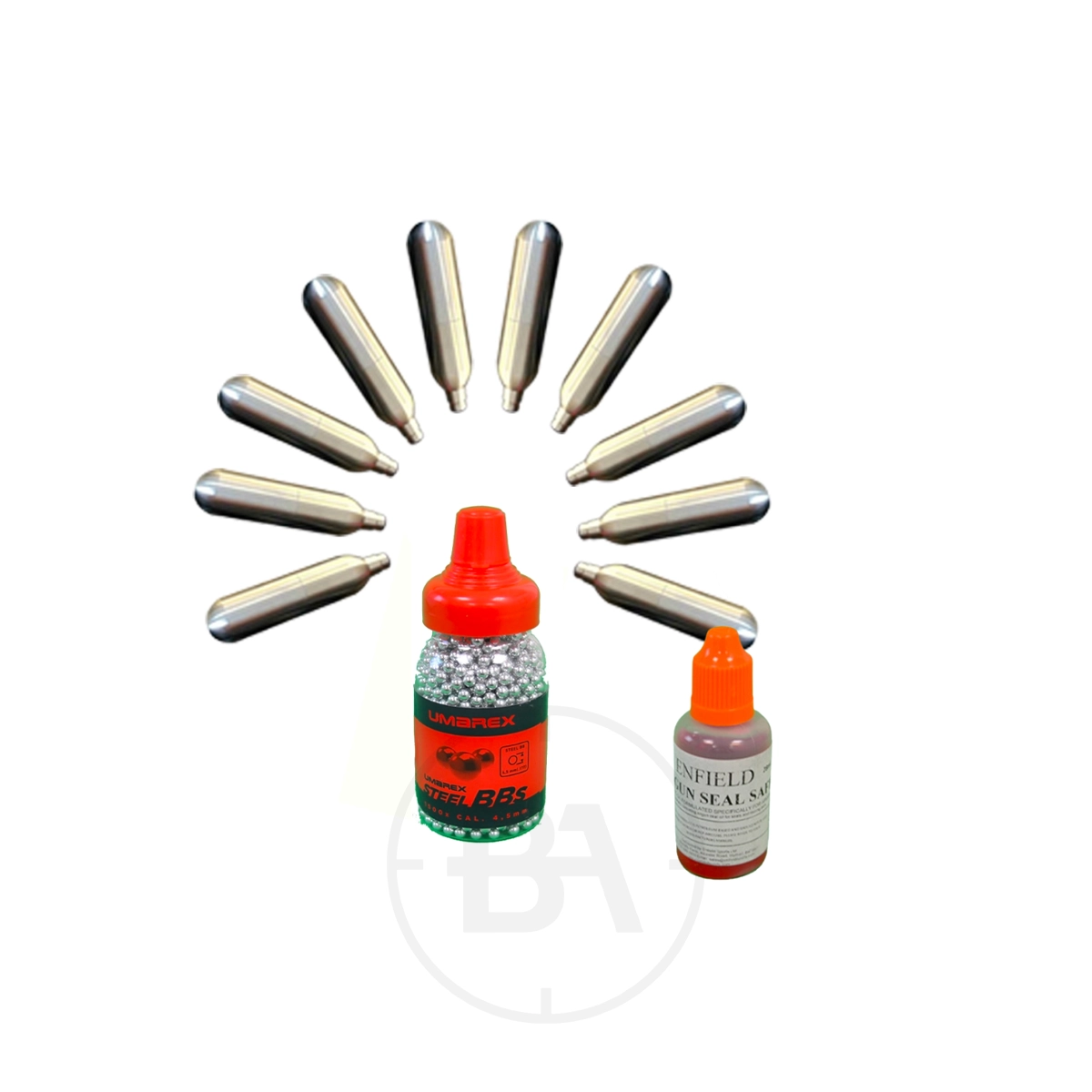 12g CO2 & BB Starter Kit: 10x 12g CO2 Cylinders / 4.5mm BBs / Seal Safe Lubricant 1 The 12g CO2 & BB Starter Kit includes ten 12g CO2 cylinders, a bottle of 4.5mm BBs, and Seal Safe Lubricant, all displayed on a white background.
