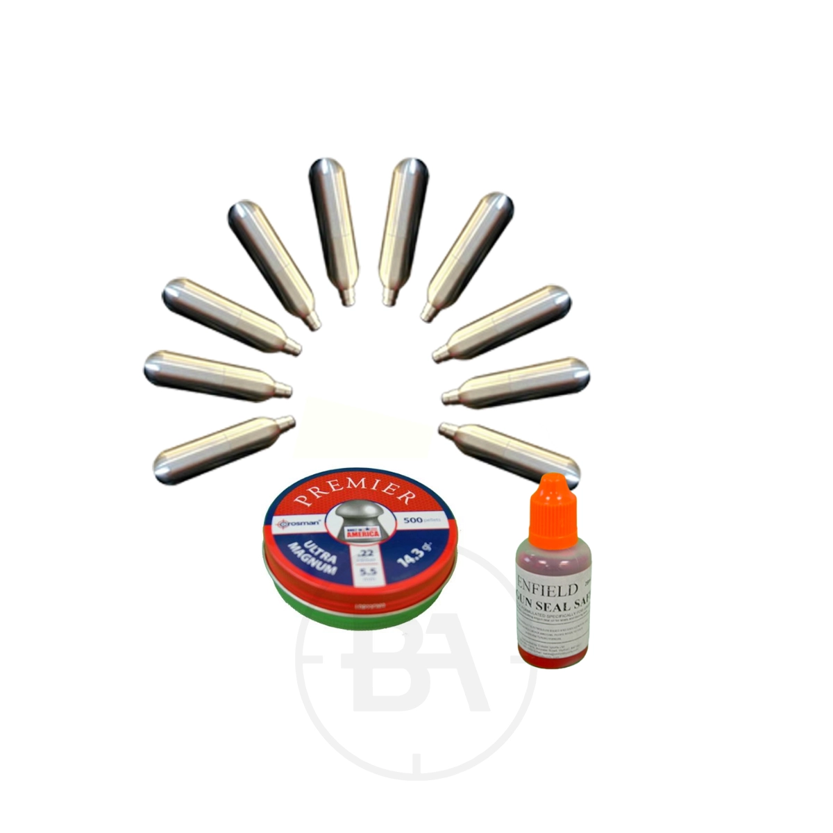 12g CO2 & .22 Pellet Starter Kit: 10x Co2 Cylinders / 22. Pellets / Seal Safe Lubricant 1 The 12g CO2 & .22 Pellet Starter Kit includes 10 CO2 cylinders, .22 pellets, and Seal Safe Lubricant—everything you need to get started.