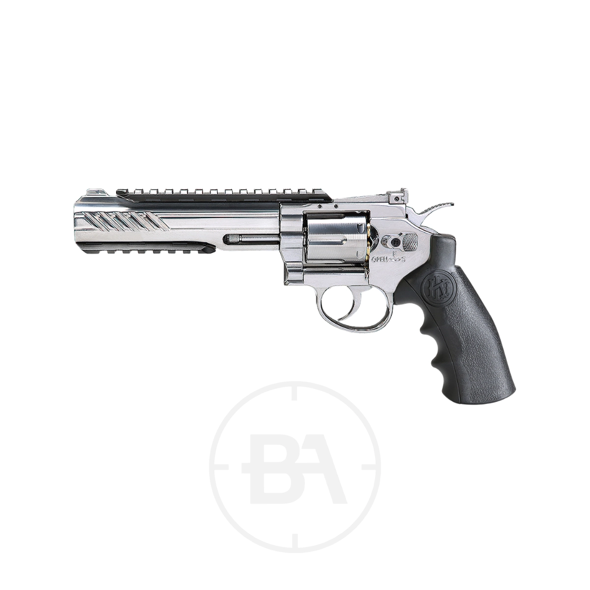 Krown Land Herc 6" CO2 BB Revolver With Hard Case 1 A Krown Land KL Herc 6" CO2 BB Revolver (Needs Pricing) with a silver finish, long barrel, black textured grip, and top rail is displayed on a white background.