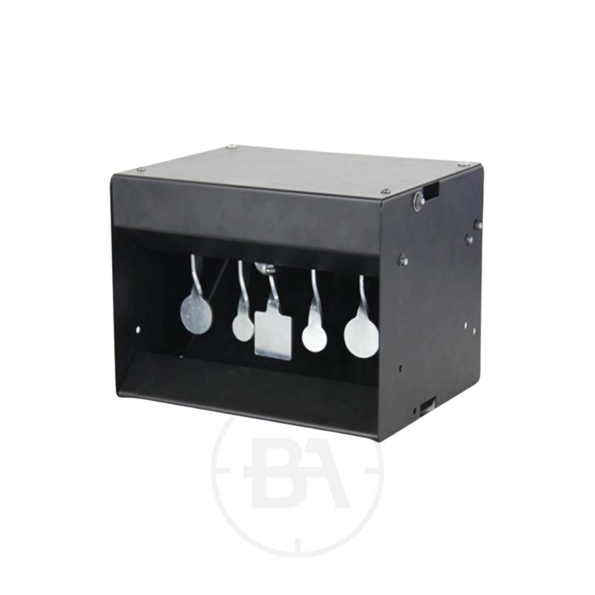 Shapes Knockdown Resetting Target 1 The Shapes Knockdown Resetting Target is a black metal box with five hanging paddles in a row, perfect for shooting practice. Its durable design makes it ideal for improving accuracy and skills.
