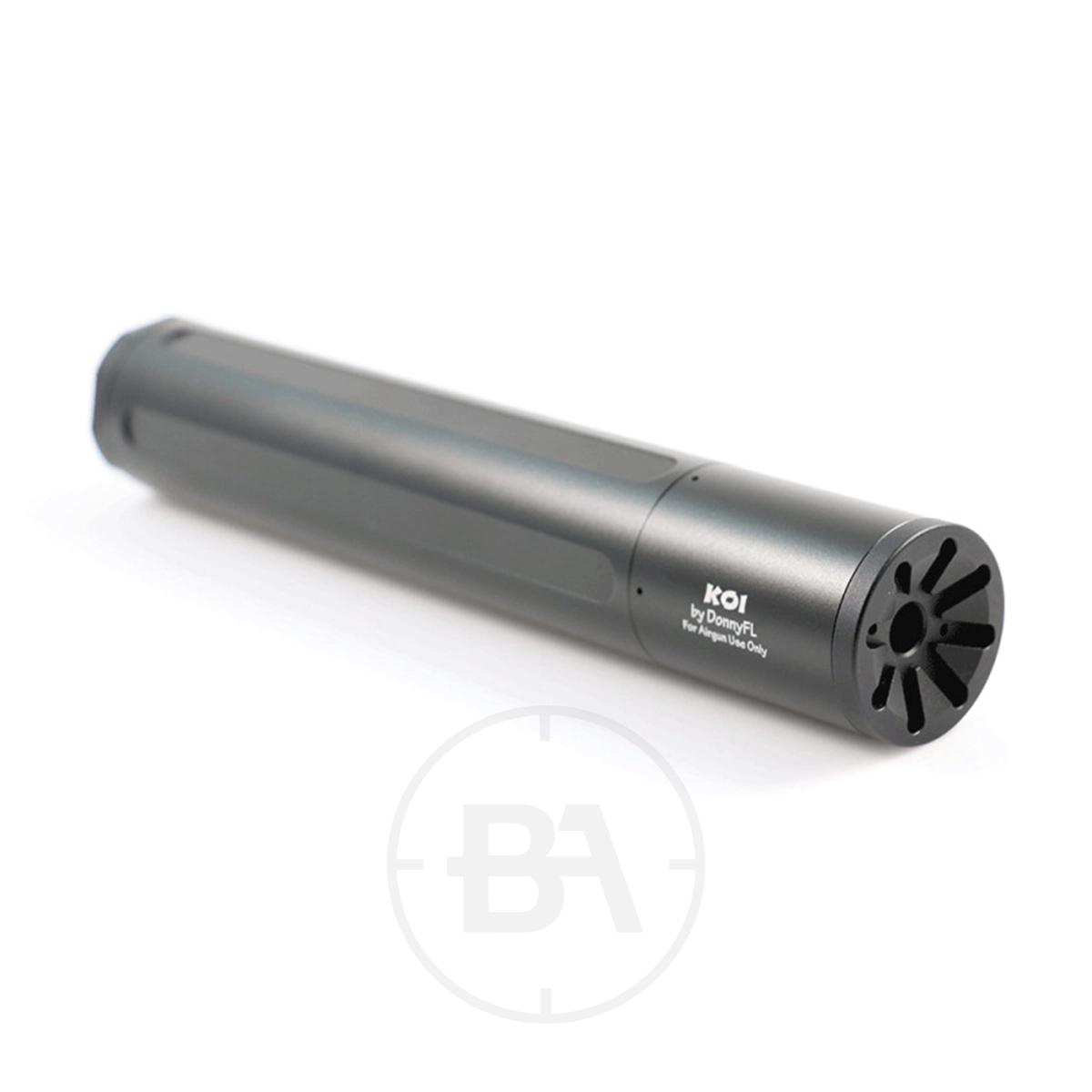 DonnyFL Koi 1/2"x20 UNF Silencer 1 A black DonnyFL Koi 1/2"x20 UNF Silencer with a cylindrical shape, grooved end cap, and “K01 by DromeFL” in white text on its side is shown against a white background.