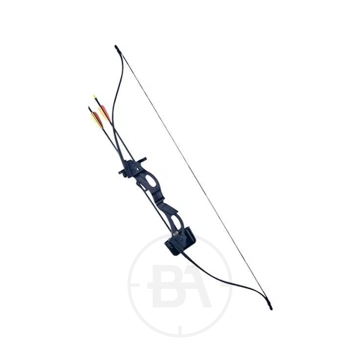 EK Archery Korrigan Recurve Bow 1 The EK Archery Korrigan Recurve Bow, shown in black with a sight and two arrows, is displayed against a white background.