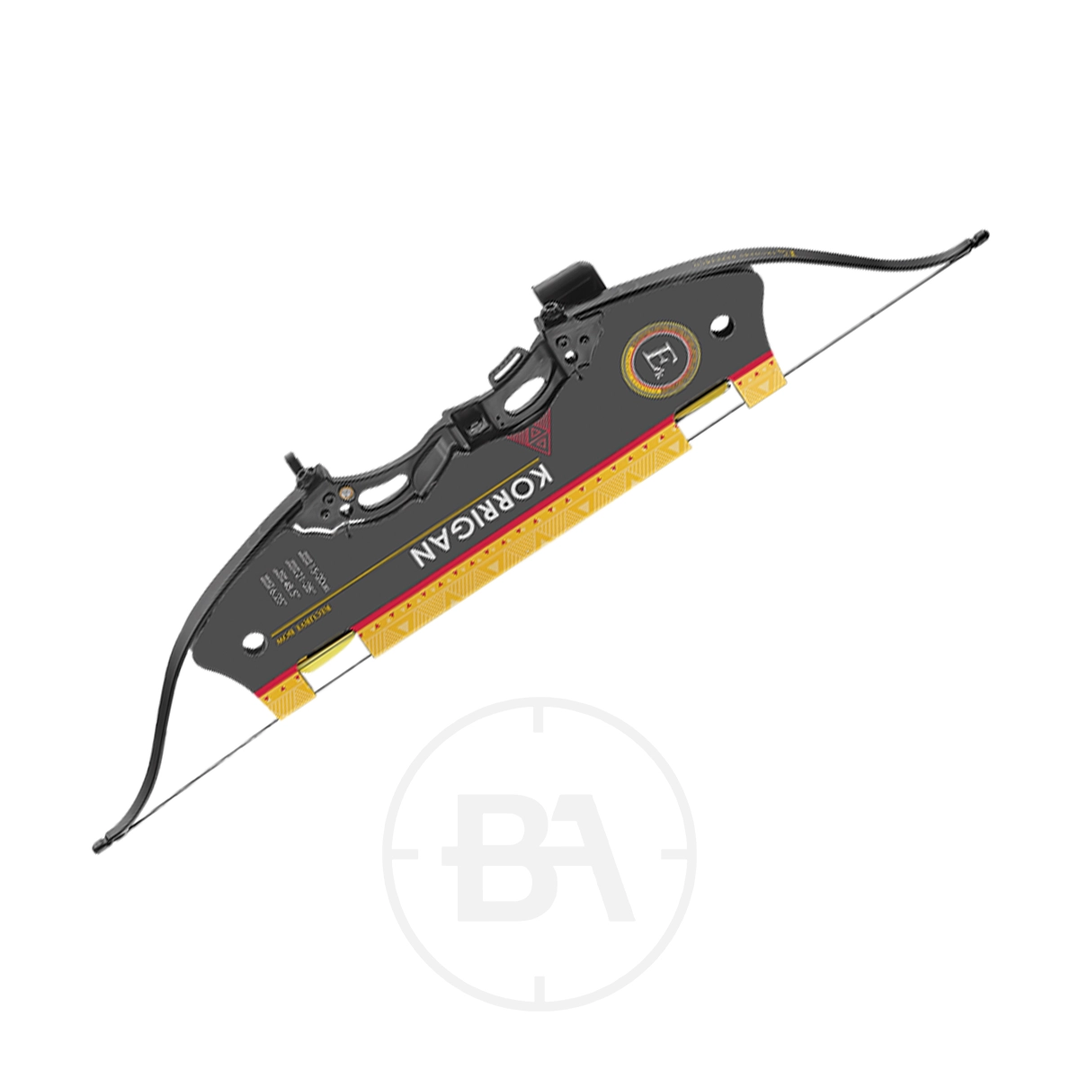 EK Archery Korrigan Recurve Bow 3 The EK Archery Korrigan Recurve Bow, shown in black and yellow, is displayed horizontally against a white background with its string and limbs clearly visible.