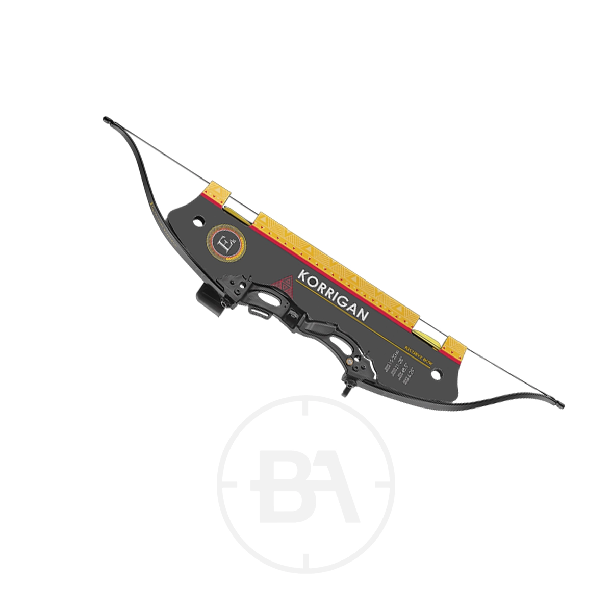 EK Archery Korrigan Recurve Bow 5 The EK Archery Korrigan Recurve Bow features a black finish, central grip, yellow measuring scale on the riser, and “Korrigan” branding along the side.