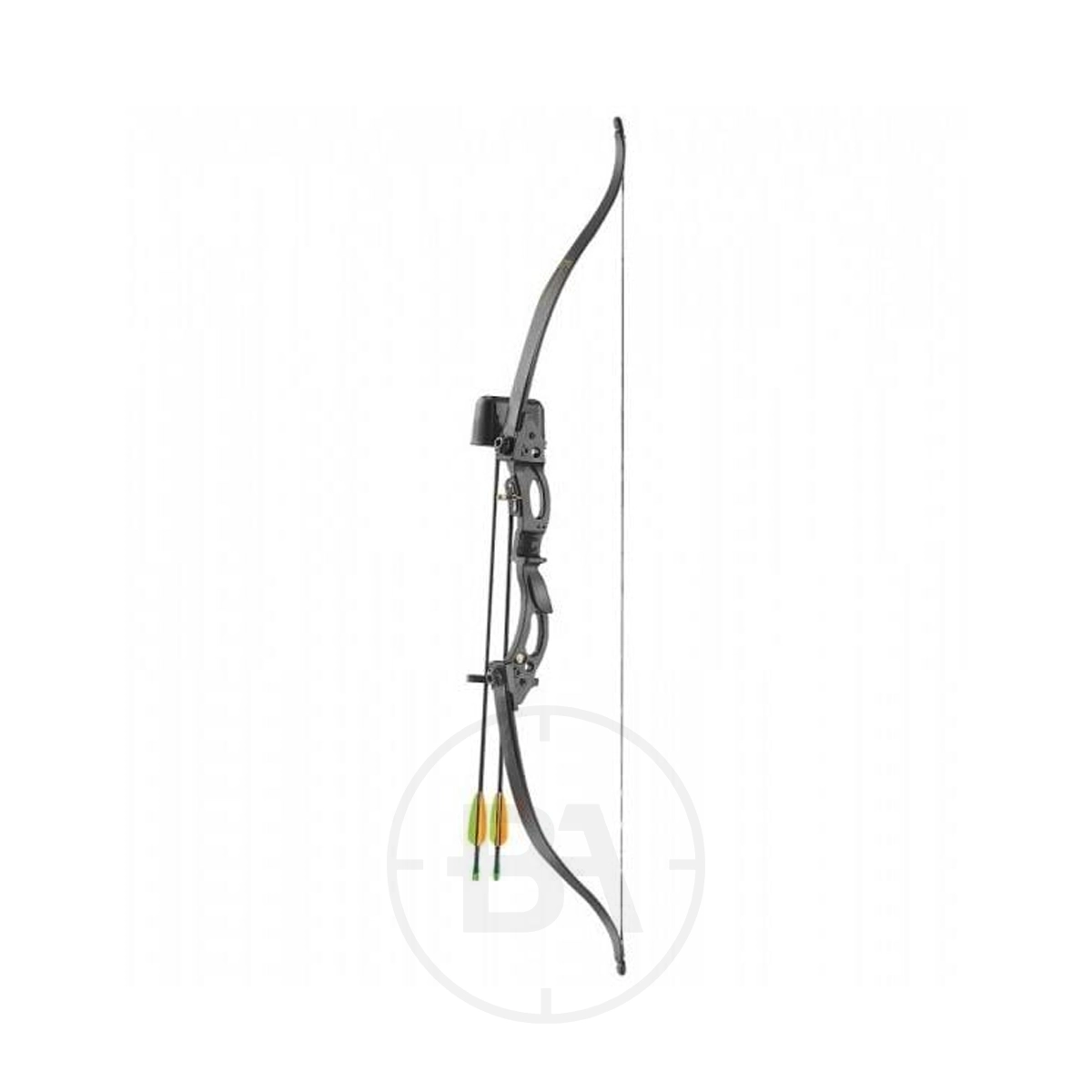 EK Archery Korrigan Recurve Bow 7 The EK Archery Korrigan Recurve Bow in black is shown vertically against a white background, accompanied by three arrows.