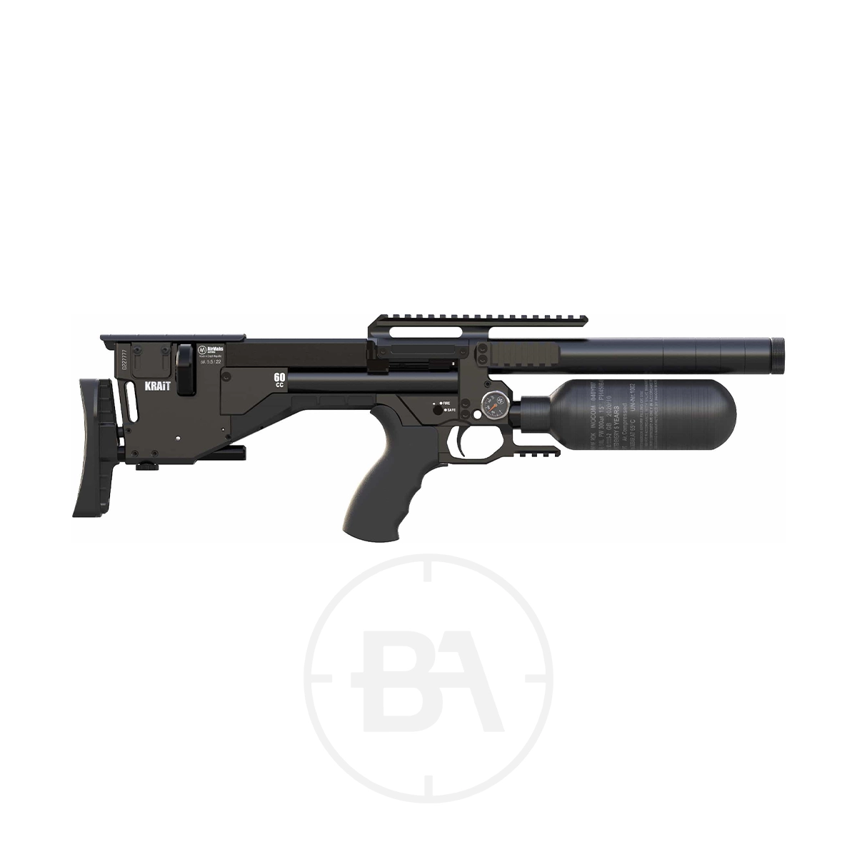 AirMaks Krait PCP Air Rifle With Hard Case 1 Side view of a black air rifle with a scope rail, adjustable stock, and large air cylinder attached below the barrel, displayed on a white background.