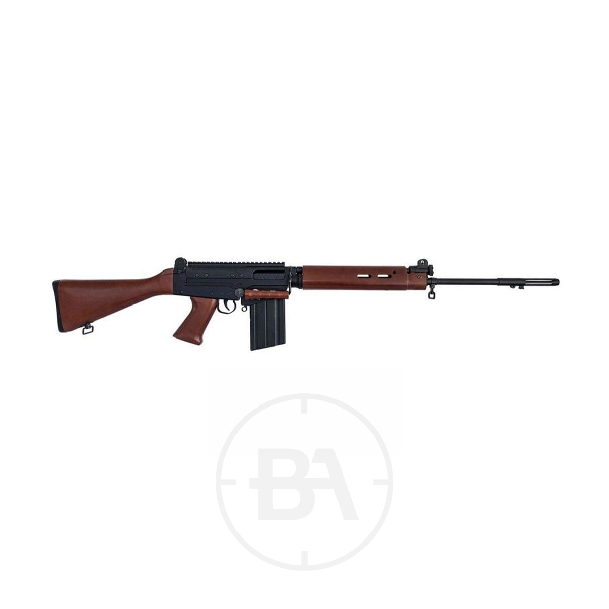 Lee Enfield L1A1 Self Loading CO2 BB Rifle 3 A semi-automatic L1A1 Self-Loading Rifle with a brown stock and handguard, a black receiver, and a detachable magazine, displayed on a white background.