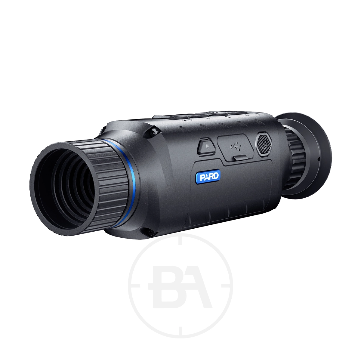 PARD Leopard 256 Thermal Imaging Monocular 1 The PARD Leopard 256 Thermal Imaging Monocular is a black device with ridged grips on both ends and the logo visible on the side, offering advanced thermal imaging capabilities.