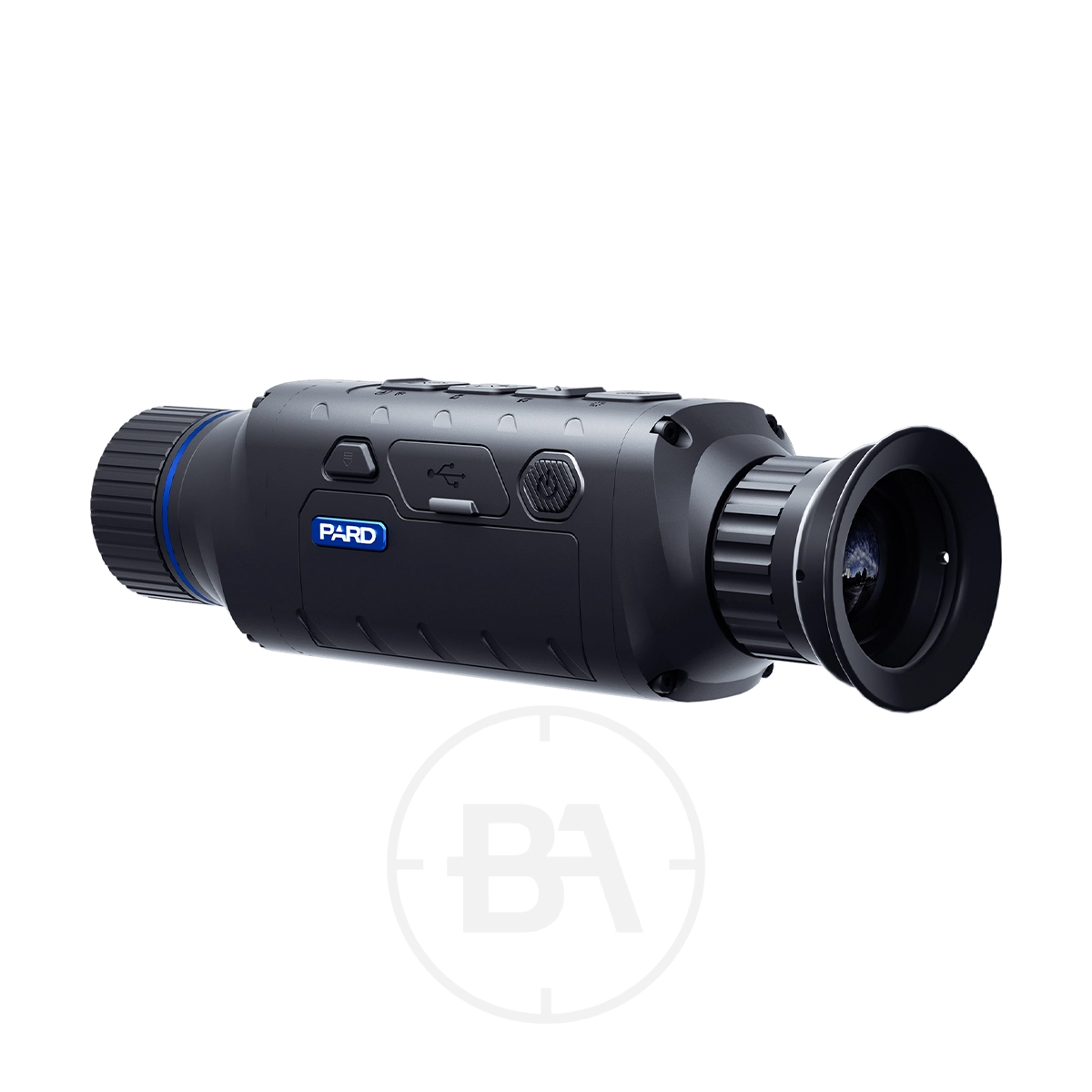 PARD Leopard 256 Thermal Imaging Monocular 2 The black PARD Leopard 256 Thermal Imaging Monocular, seen at an angle with its buttons and lenses, features the blue "Pard" logo and uses advanced thermal technology for clear low-light vision.