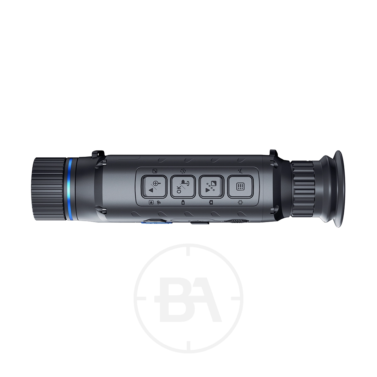 PARD Leopard 256 Thermal Imaging Monocular 3 Side view of the sleek black PARD Leopard 256 Thermal Imaging Monocular, showcasing buttons and a textured grip. It sits against a white background with a subtle circular logo, embodying advanced thermal imaging technology.