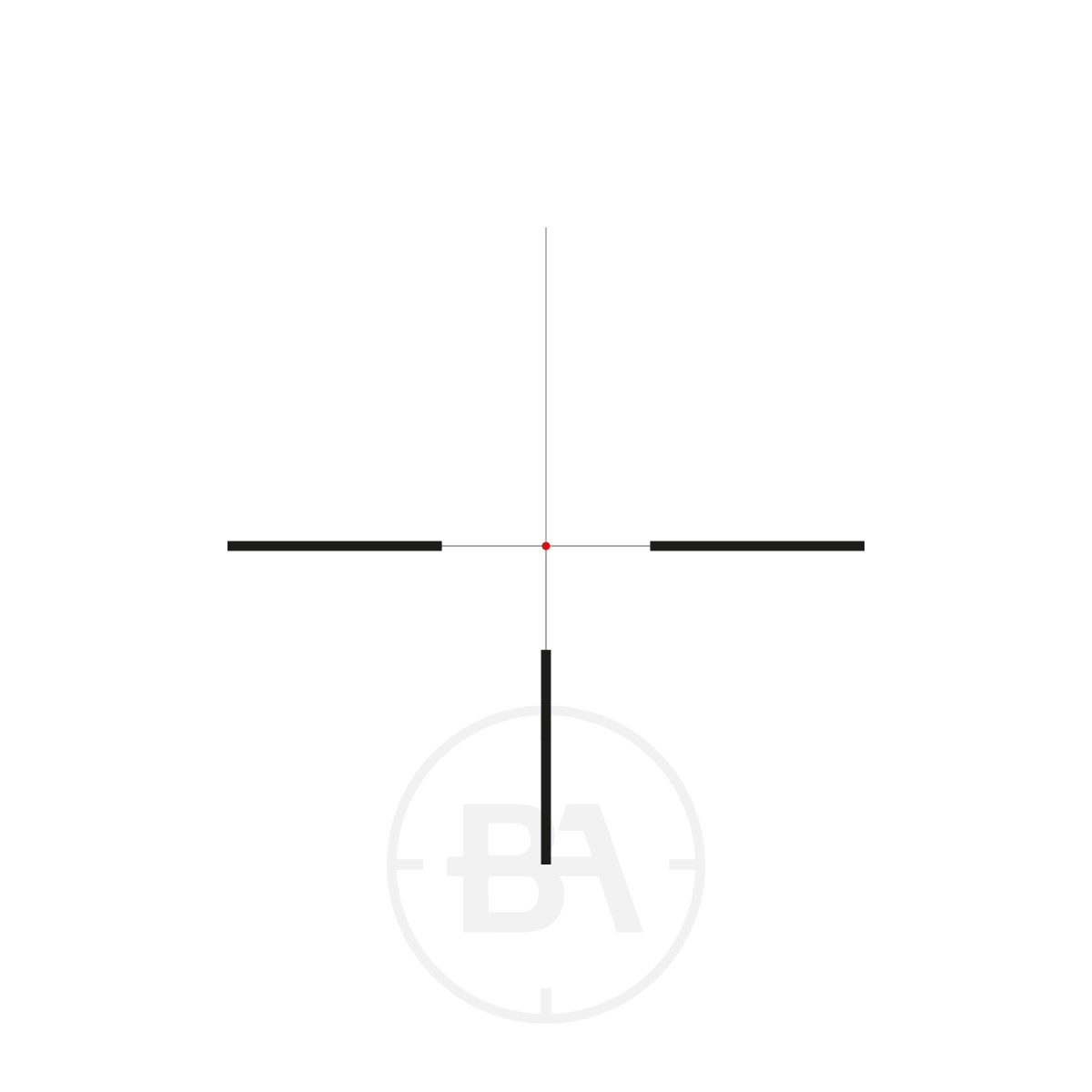 Hawke Vantage IR 1-4x20 L4A FD Rifle Scope 2 A simple black crosshair with a thin vertical and horizontal line intersecting at a small red dot in the centre, over a faint circle containing the letters "B" and "A".