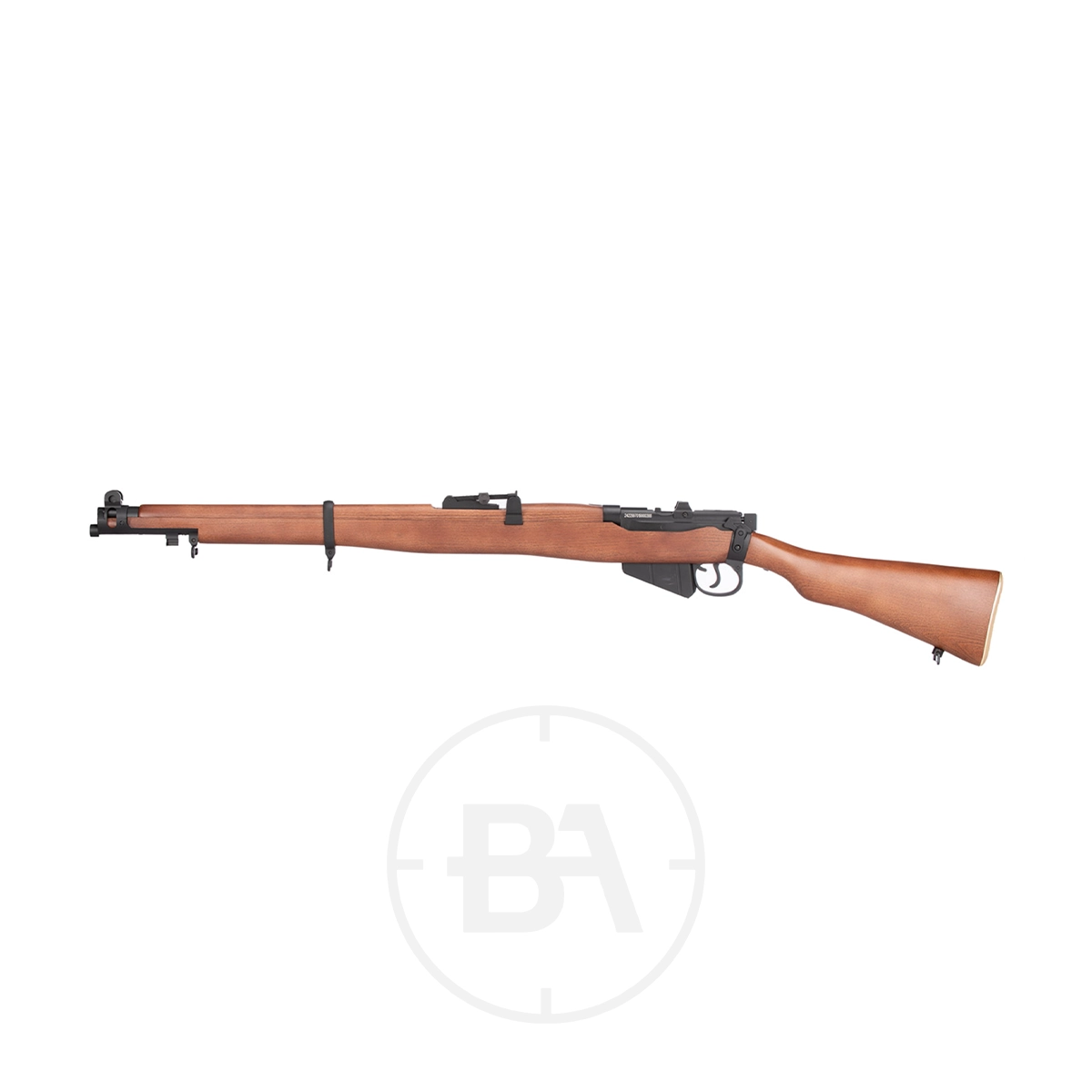 Lee Enfield SMLE C02 Air Rifle 4.5mm BB 2 The Lee Enfield SMLE CO2 Air Rifle 4.5mm BB, featuring a bolt-action design with a wooden stock and metal barrel, is shown in side profile against a plain white background.