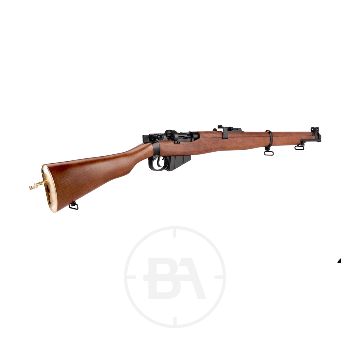 Lee Enfield SMLE C02 Air Rifle 4.5mm BB 3 The Lee Enfield SMLE C02 Air Rifle 4.5mm BB, featuring a wooden stock and metal barrel, is displayed on a white background.
