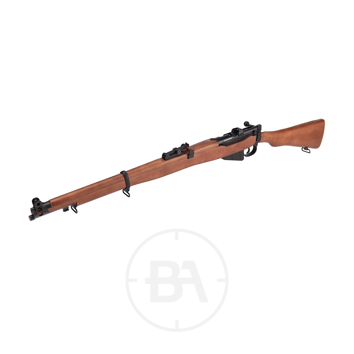 Lee Enfield SMLE C02 Air Rifle 4.5mm BB 4 The Lee Enfield SMLE CO2 Air Rifle 4.5mm BB, featuring a classic wooden stock and metal barrel, is shown at a slight angle against a white background, evoking the timeless design of the original Lee Enfield.