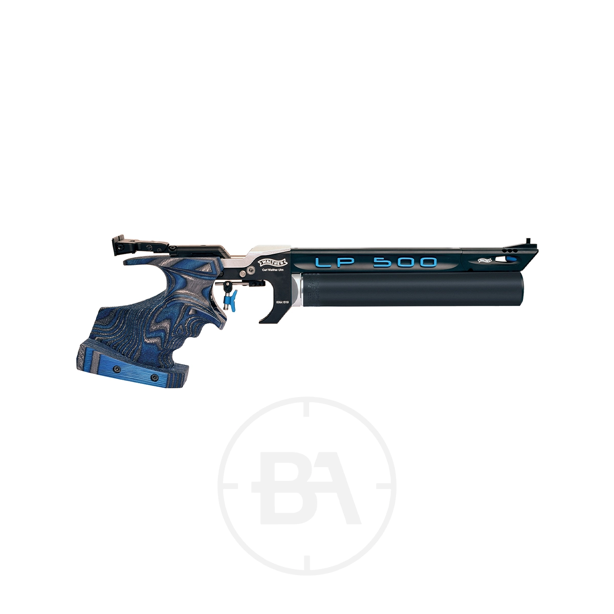 Walther LP500 Expert M Blue Angel Pistol 3 The Walther LP500 Expert M Blue Angel Pistol, with a blue ergonomic grip and black barrel, is shown against a plain white background.