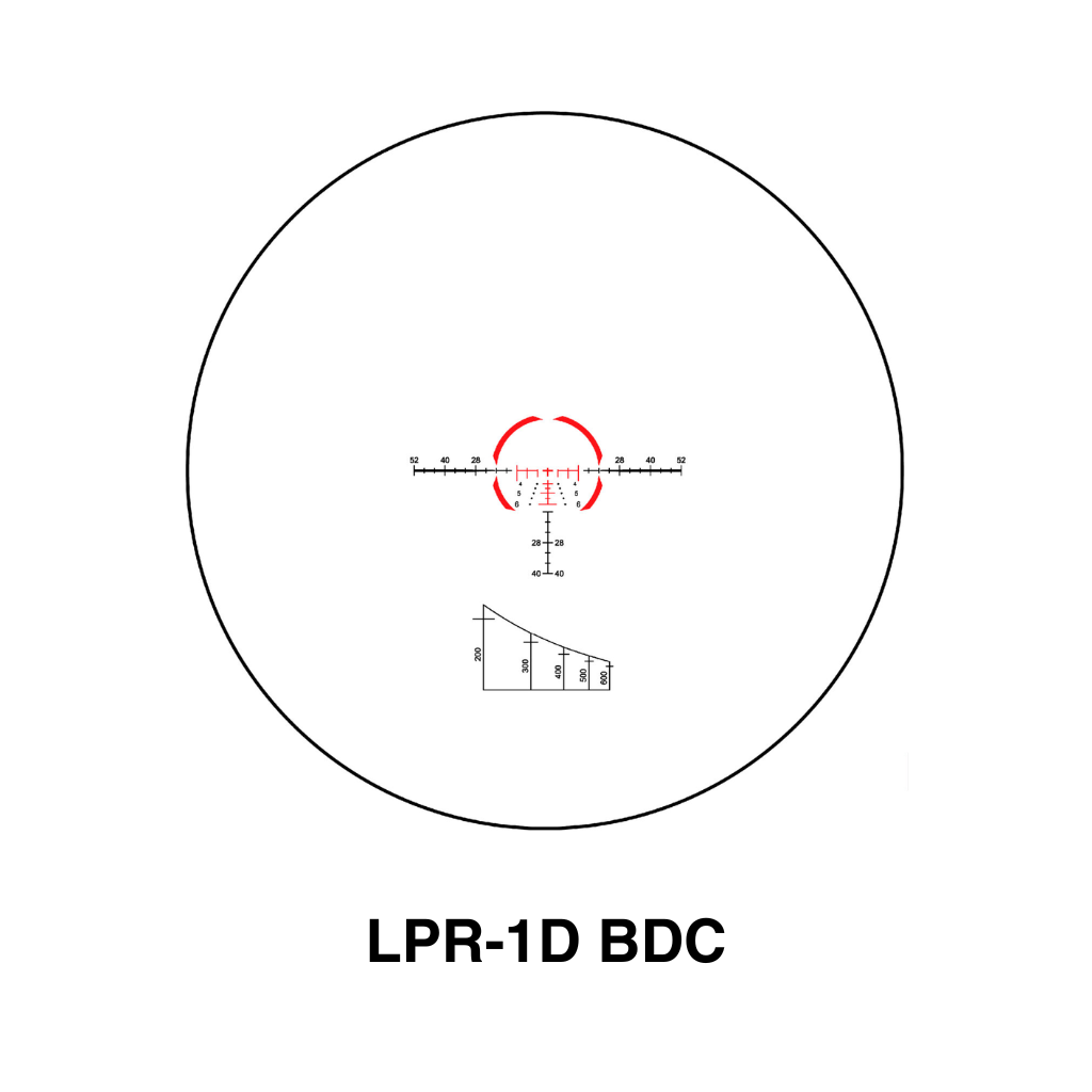 Element Optics Immersive Series 5x30 Rifle Scope 9 The Element Optics Immersive Series 5x30 Rifle Scope With Mounts features an "LPR-1D BDC" reticle diagram with horizontal and vertical measurements, red arcs, and a ballistic drop chart within a circular field.