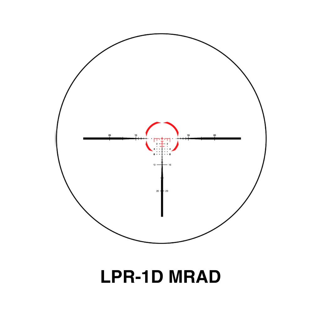 Element Optics Immersive Series 5x30 Rifle Scope 11 The Element Optics Immersive Series 5x30 Rifle Scope With Mounts features an LPR-1D MRAD reticle with a central red circle, horizontal and vertical hash marks, and black aiming reference lines.