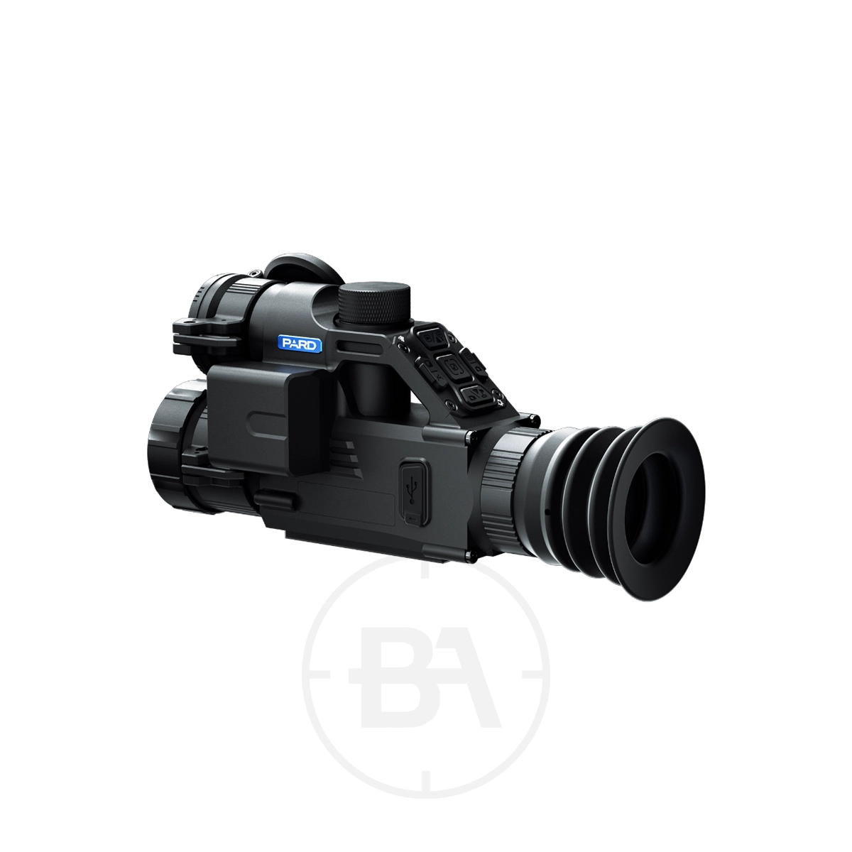 Pard Landsat 256 Mini Thermal & Night‑Vision Rifle Scope 5 The Pard Landsat 256 Mini Thermal & Night‑Vision Rifle Scope features top control buttons, a rubber eyepiece, and a side-mounted battery compartment, making it a compact digital night vision monocular device.