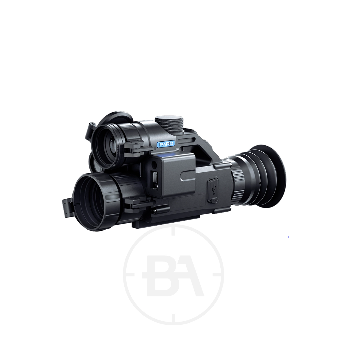 Pard Landsat 256 Mini Thermal & Night‑Vision Rifle Scope 1 A black Pard Landsat 256 Mini Thermal & Night‑Vision Rifle Scope with multiple adjustment knobs and an eyepiece, displayed on a plain white background.