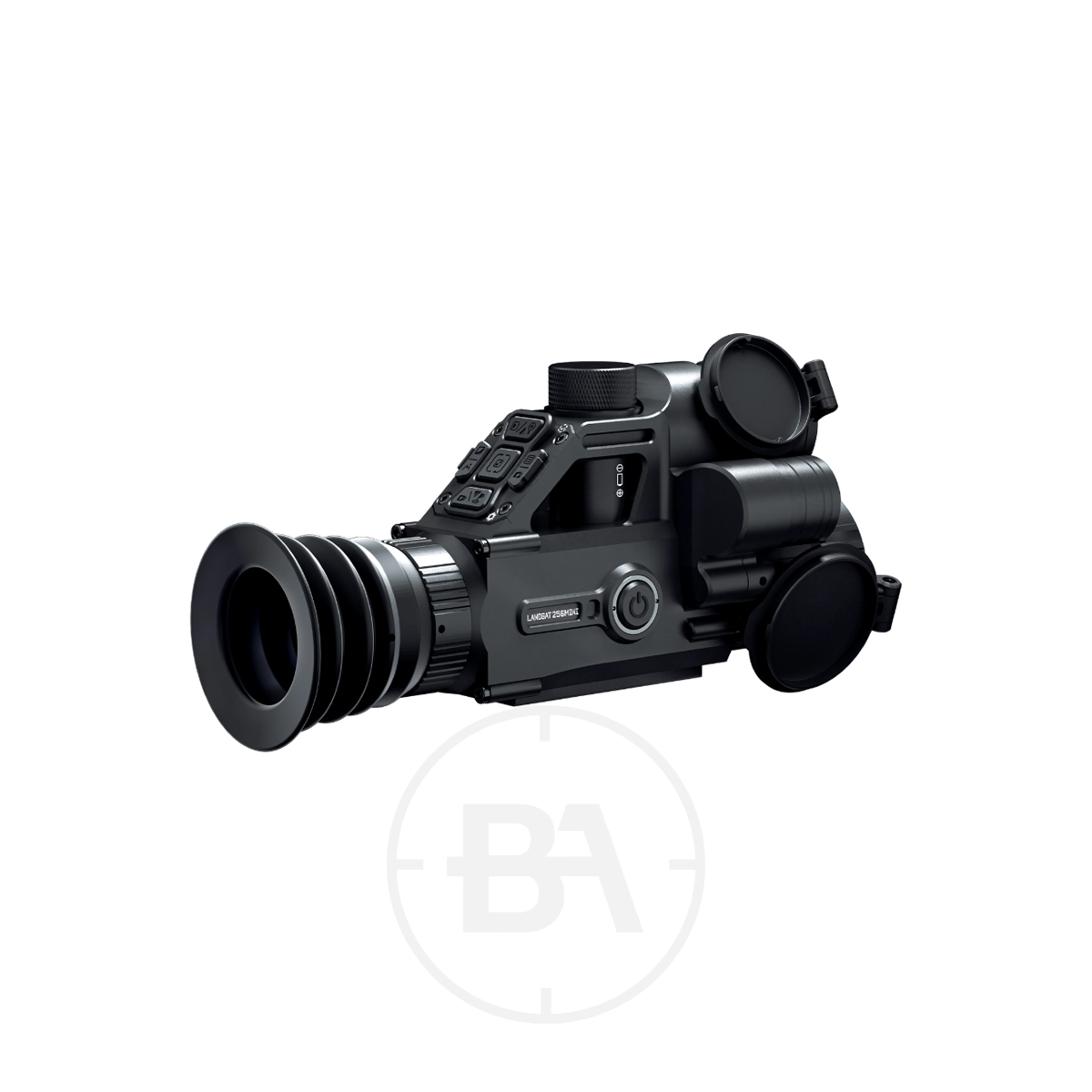 Pard Landsat 256 Mini Thermal & Night‑Vision Rifle Scope 9 A black Pard Landsat 256 Mini Thermal & Night‑Vision Rifle Scope with adjustment dials, control buttons, and lens covers is displayed on a plain white background.