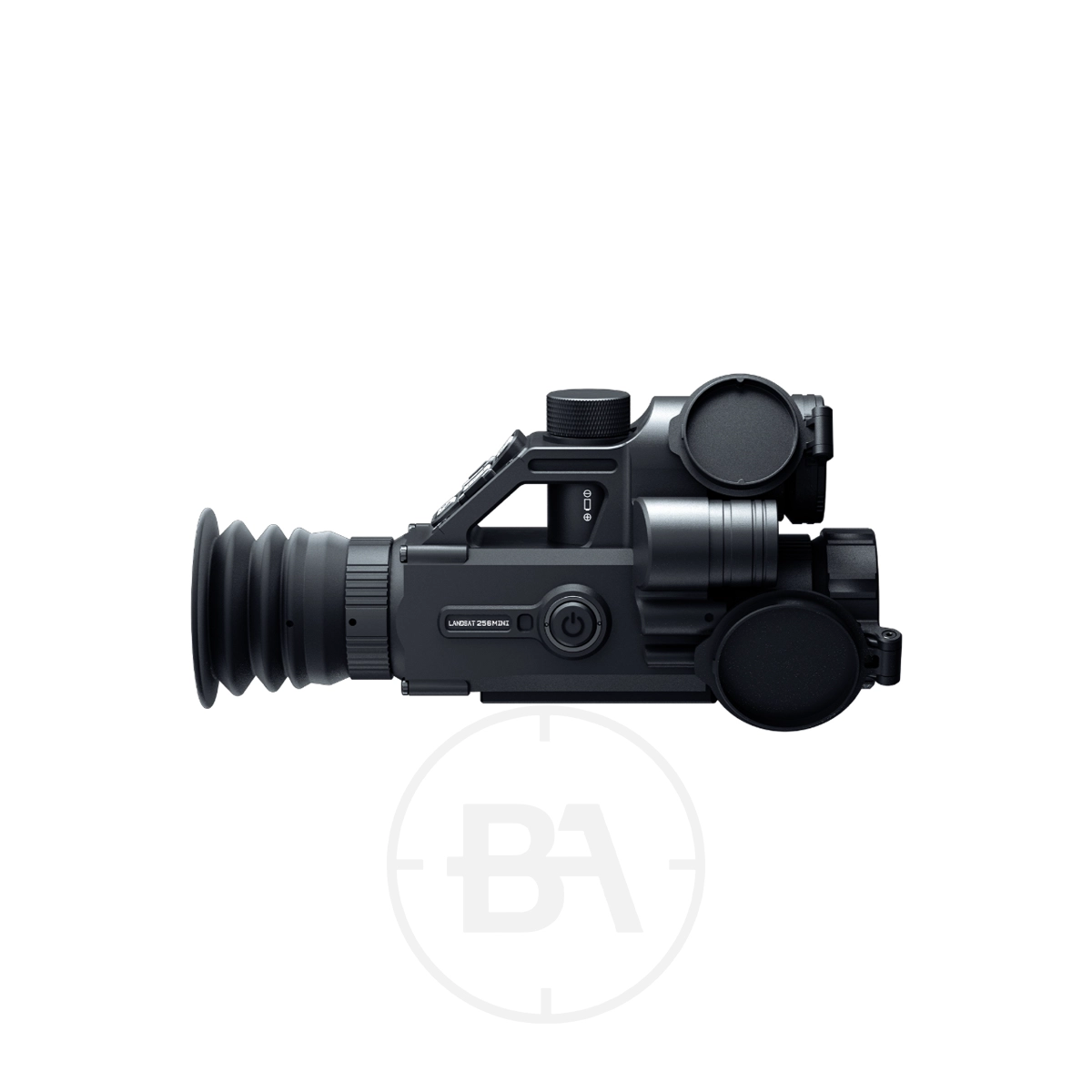 Pard Landsat 256 Mini Thermal & Night‑Vision Rifle Scope 11 Side view of a Pard Landsat 256 Mini Thermal & Night‑Vision Rifle Scope with rubber eyepiece and lens covers, isolated on a white background.