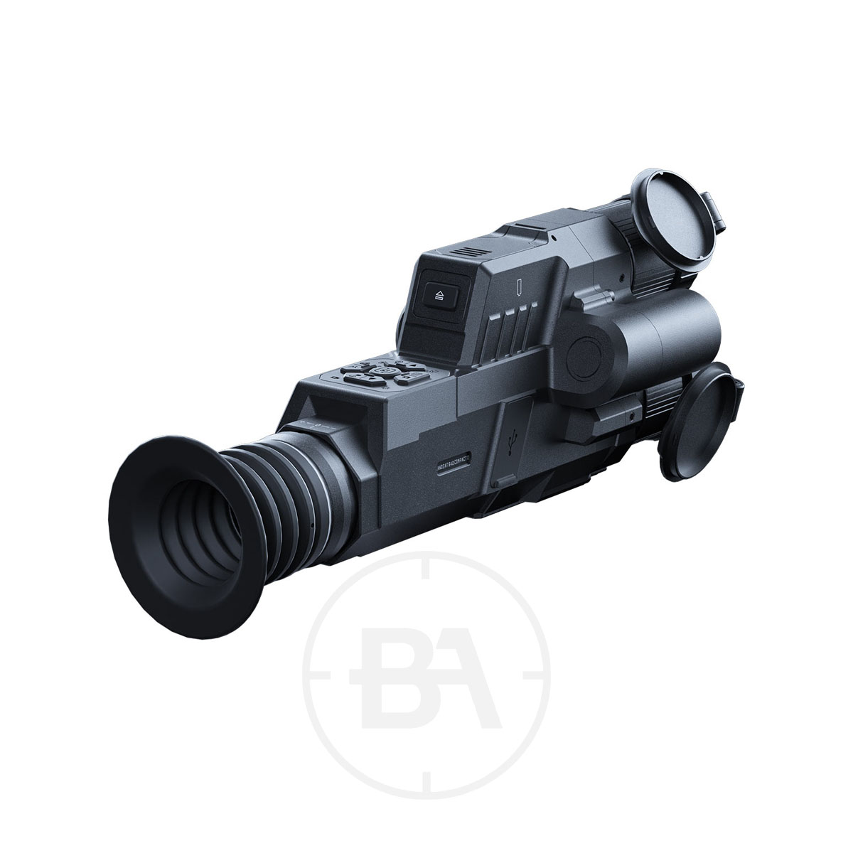 PARD Landsat Compact Q Multi-Spectral Scope 2 The PARD Landsat Compact Q Multi-Spectral Scope is black with a rubber eyepiece, control buttons, and lens covers, shown on a white background with a faint clock-like watermark underneath.