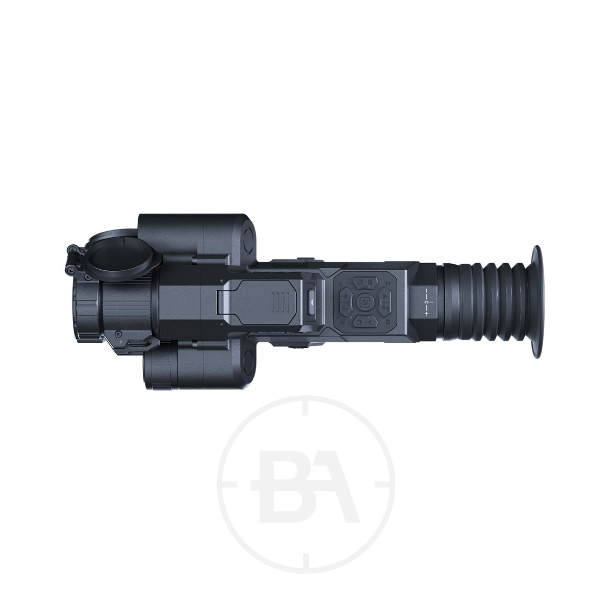 PARD Landsat Compact Q Multi-Spectral Scope 3 A black PARD Landsat Compact Q Multi-Spectral Scope with control buttons and a rubberised eyepiece is shown from above on a white background. The faint "BA" logo appears below, highlighting its advanced optics design.