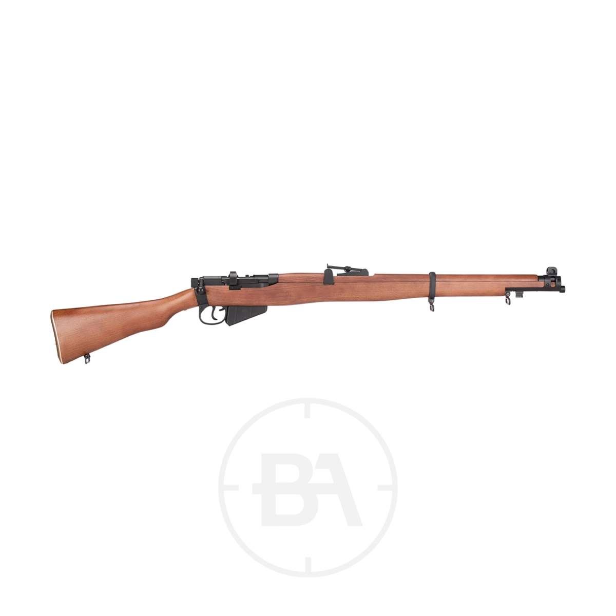 Lee Enfield SMLE C02 Air Rifle 4.5mm BB 1 The Lee Enfield SMLE CO2 Air Rifle 4.5mm BB, featuring a wooden stock and metal barrel, is displayed in profile against a white background.